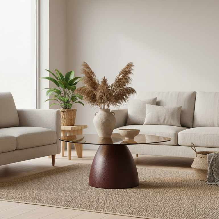 A modern living room scene featuring a round glass-top coffee table with a dark brown sculptural base, styled with a beige ceramic vase of pampas grass. The room includes a light beige sofa, a matching armchair, a textured beige rug, and a potted green plant on a small wooden side table.