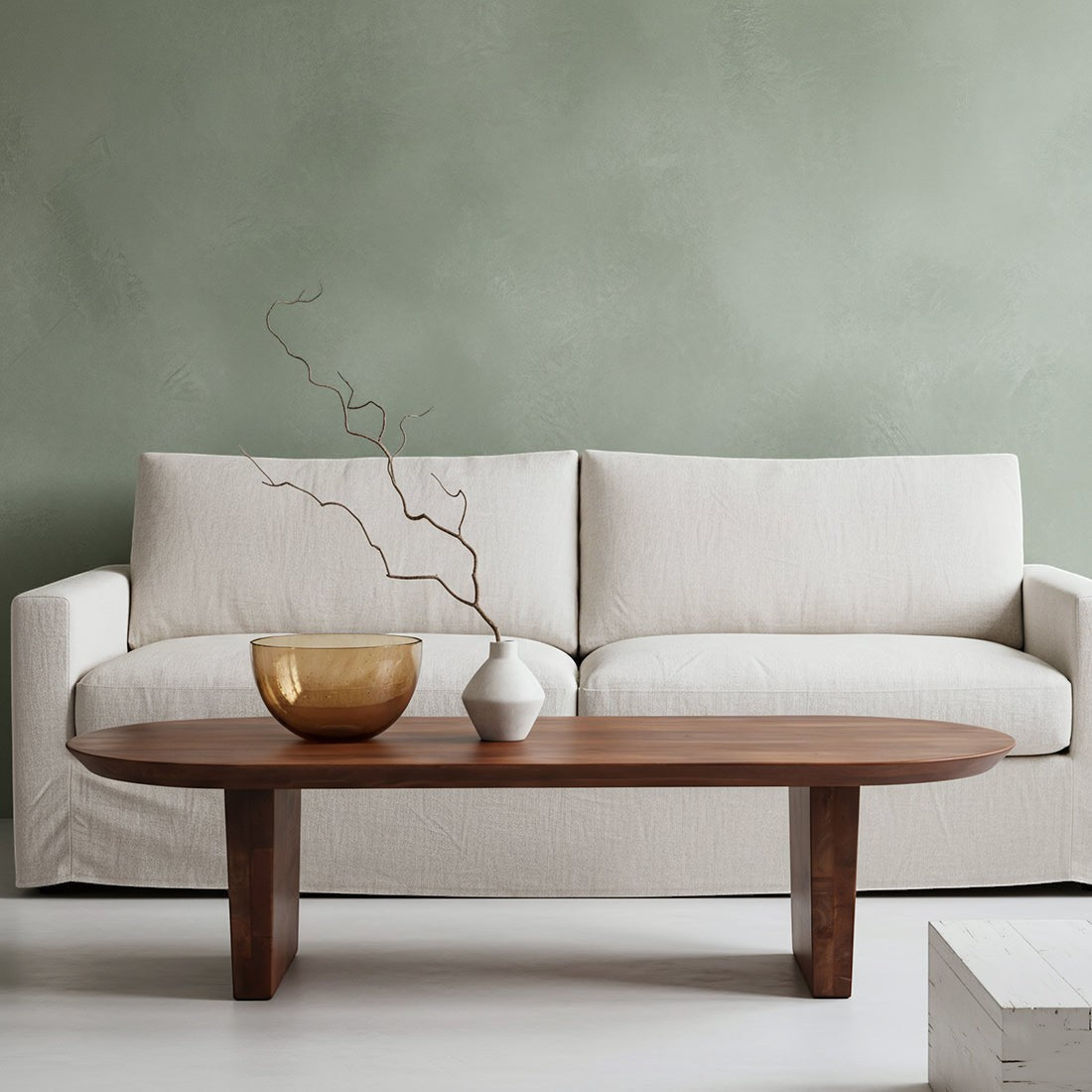 Kayu Living brown mango wood coffee table with a bullnose edge in a modern living room with a cream sofa.