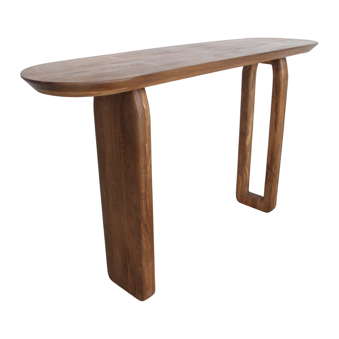 Kayu Living brown bullnose console table made of solid mango wood with rounded edges and a slim, minimalist design.