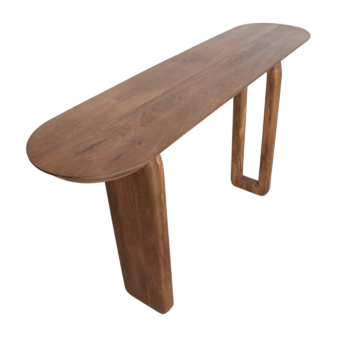 Kayu Living brown solid mango wood bullnose console table with rounded edges and a slim, minimalist design.