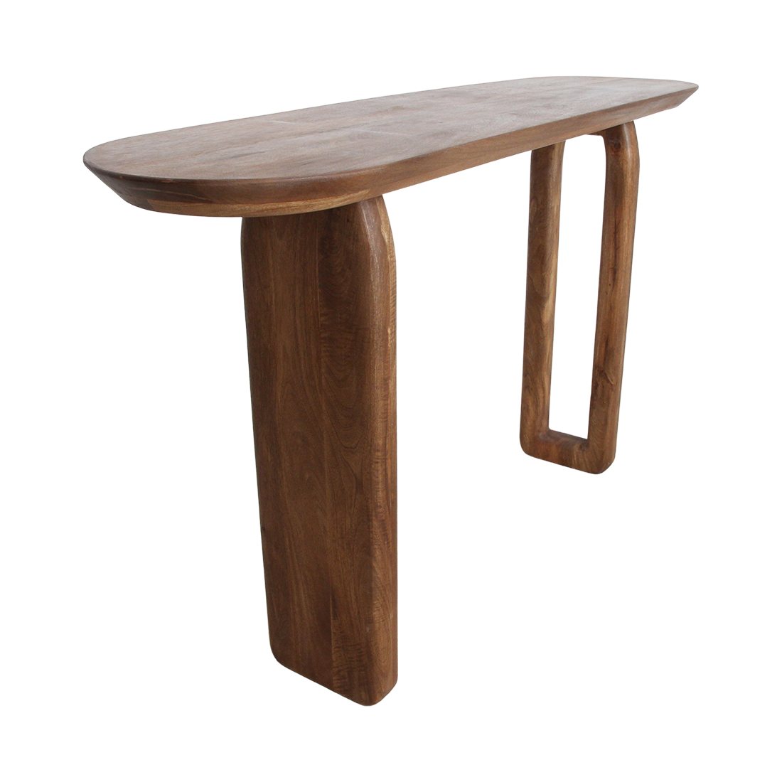Kayu Living brown solid mango wood console table with a smooth bullnose edge and unique rounded leg design.