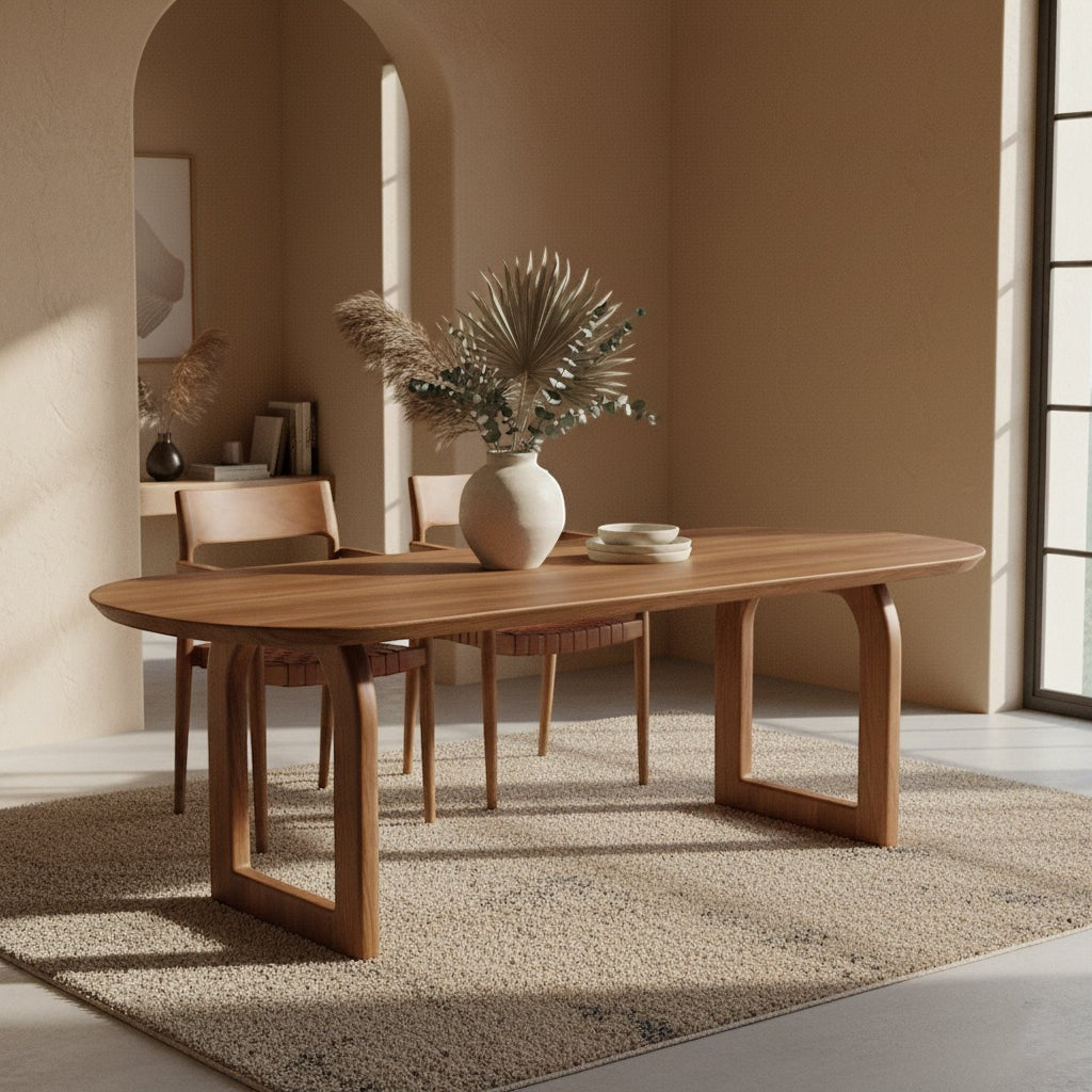 Kayu Living bullnose mango wood dining table with an oval top and open base in a warm, minimalist dining room.