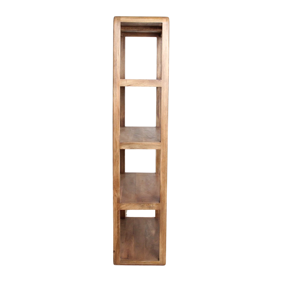 Kayu Living bullnose mango wood shelving unit with five tiers, featuring a natural grain finish and rounded edges.