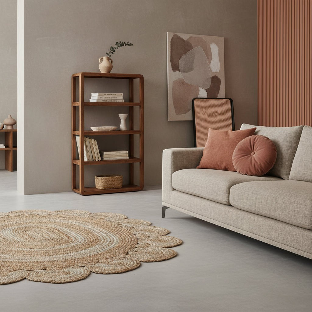 Kayu Living bullnose mango wood shelving unit with five shelves in a modern living room with a beige sofa and rug.