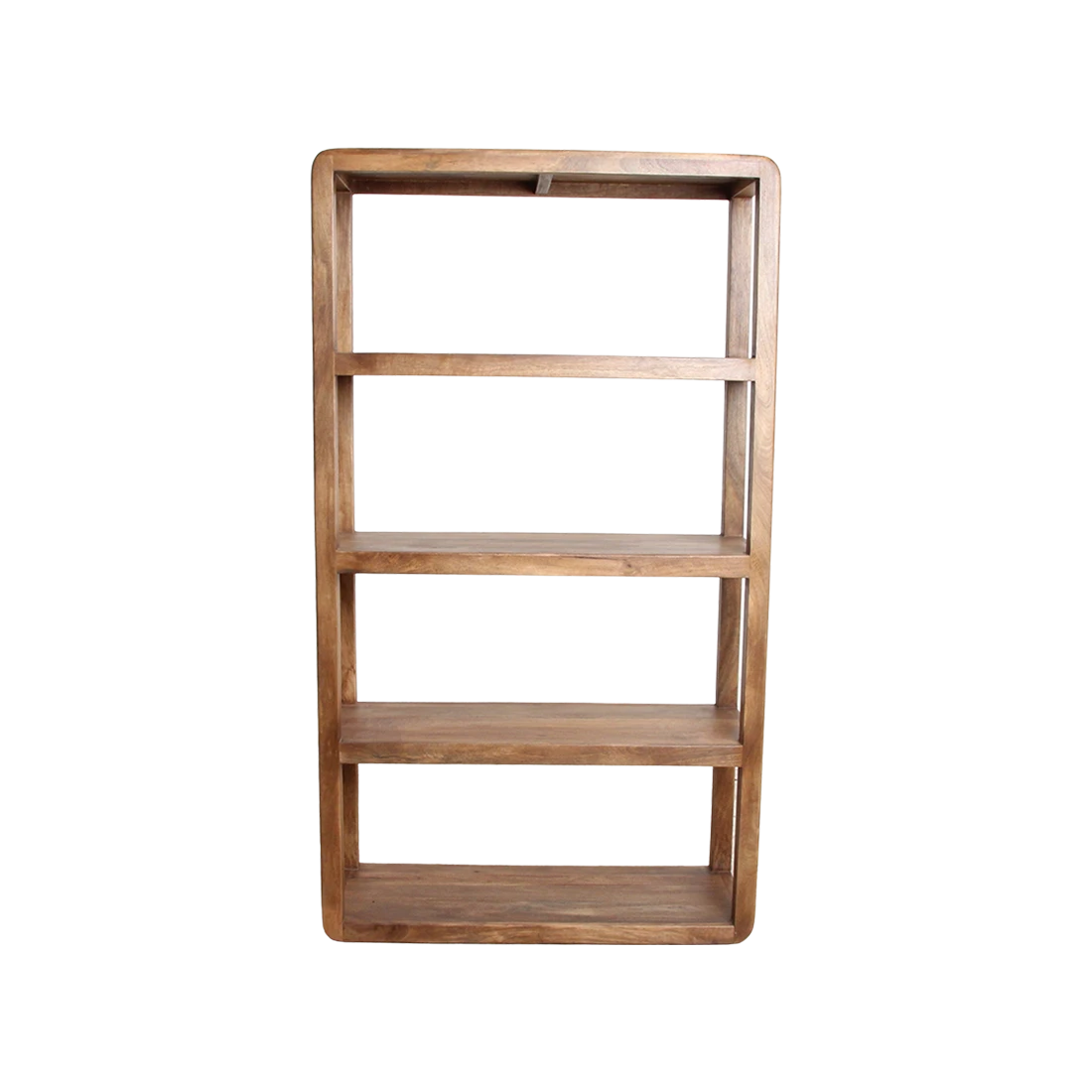 Kayu Living bullnose mango wood shelving unit with five tiers and rounded edges against a black background.