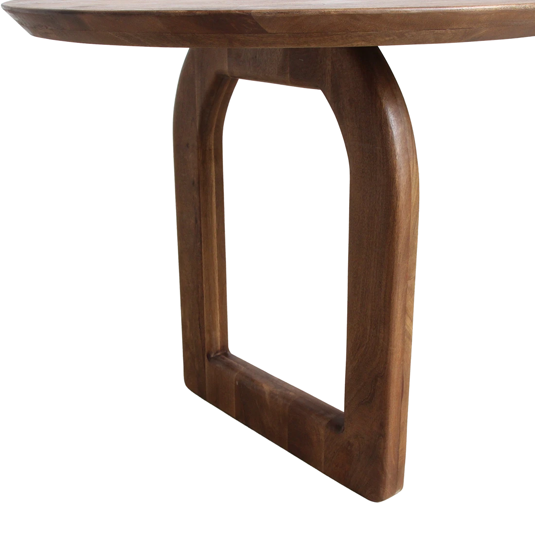 Kayu Living bullnose dining table with a rounded oval top and a sturdy open arch base made from natural mango wood.