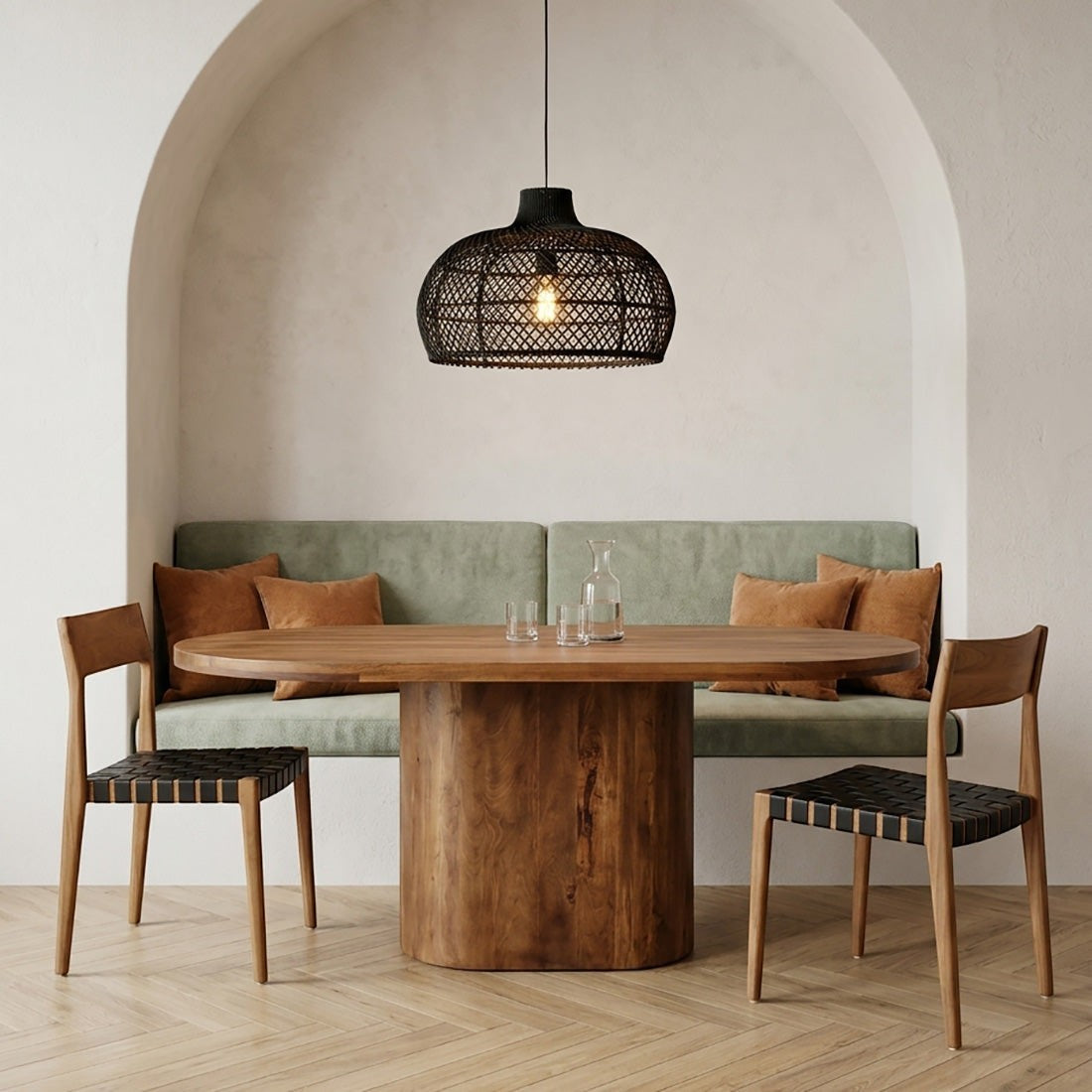 Kayu Living Bullnose Oblong mango wood dining table with rounded edges and central pedestal base in a dining nook.