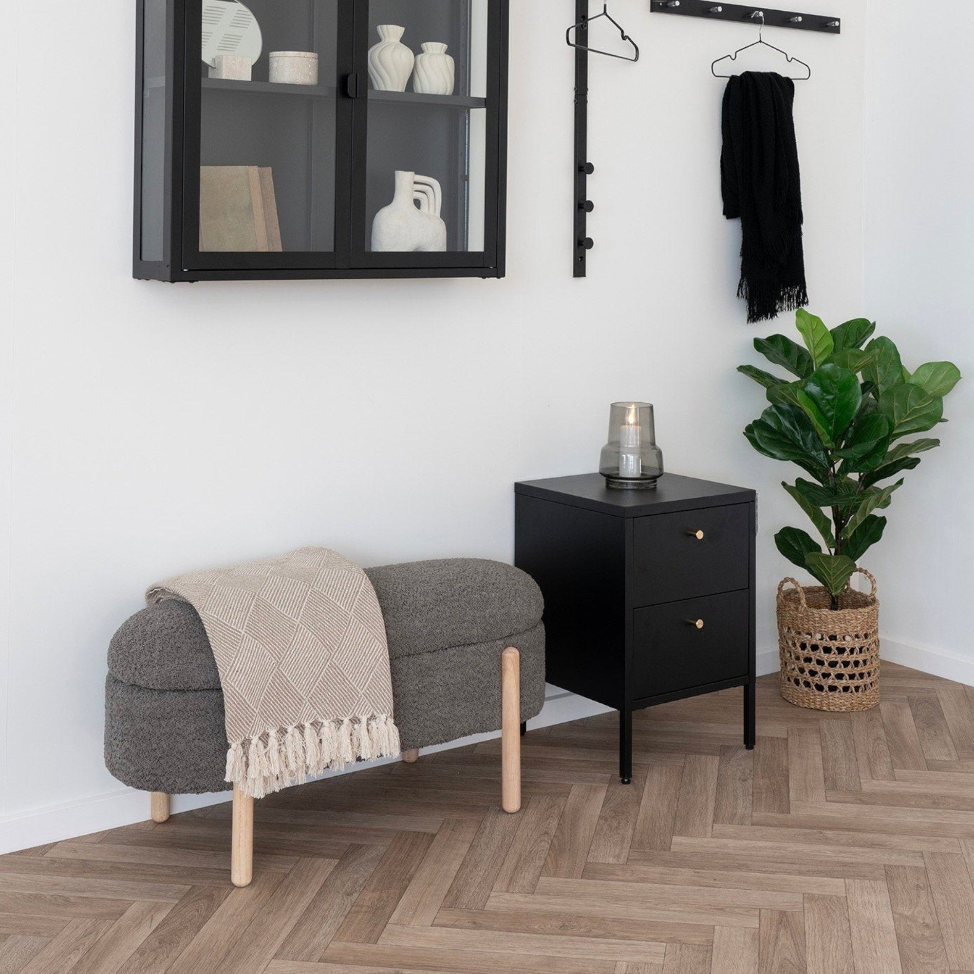 Kayu Living Bursa Plaid taupe throw blanket with geometric pattern draped over a grey upholstered bench
