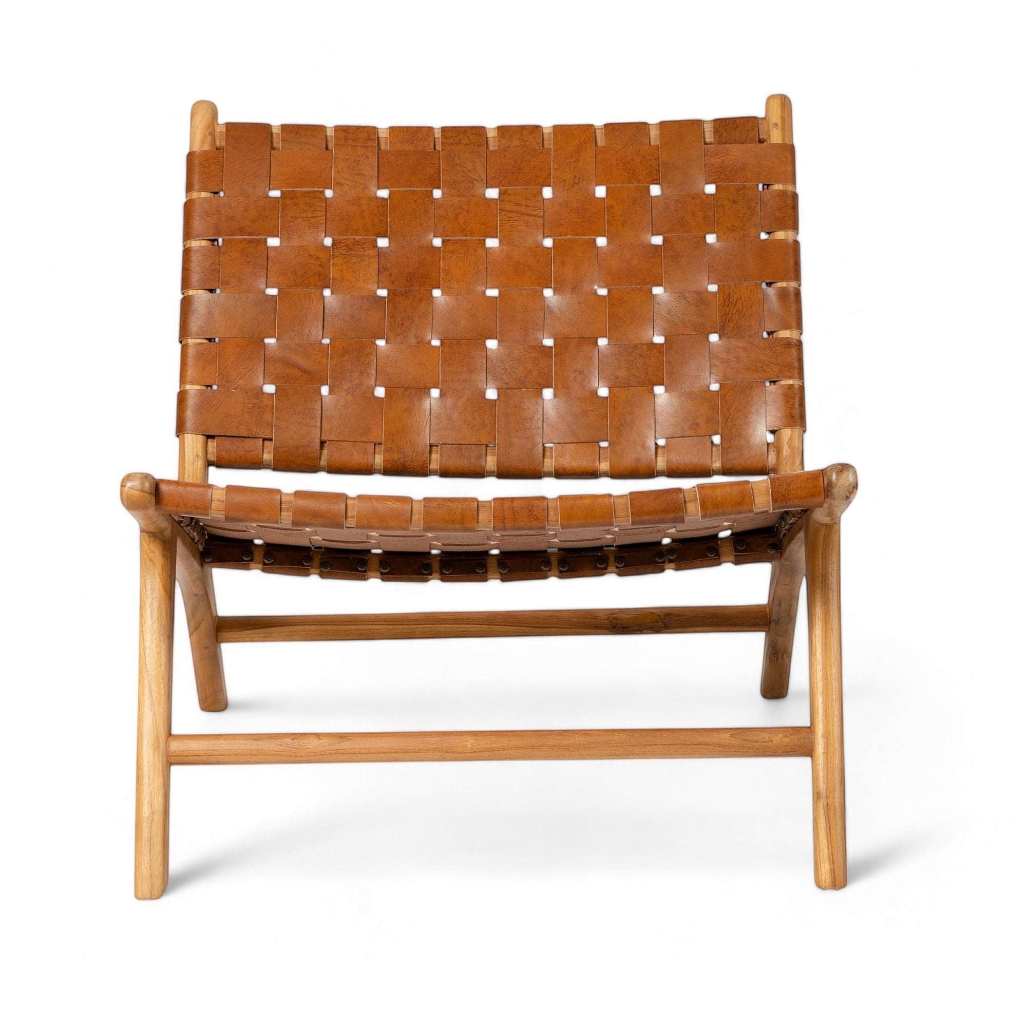 Kayu Living Sanur lounge chair with camel woven leather seat and teak frame. Modern, comfortable accent chair.