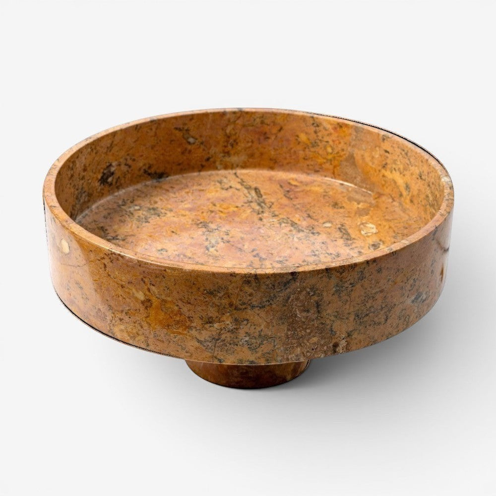 Kayu Living caramel onyx stone fruit bowl, 35 cm diameter, with unique veining, perfect for display or centrepiece.