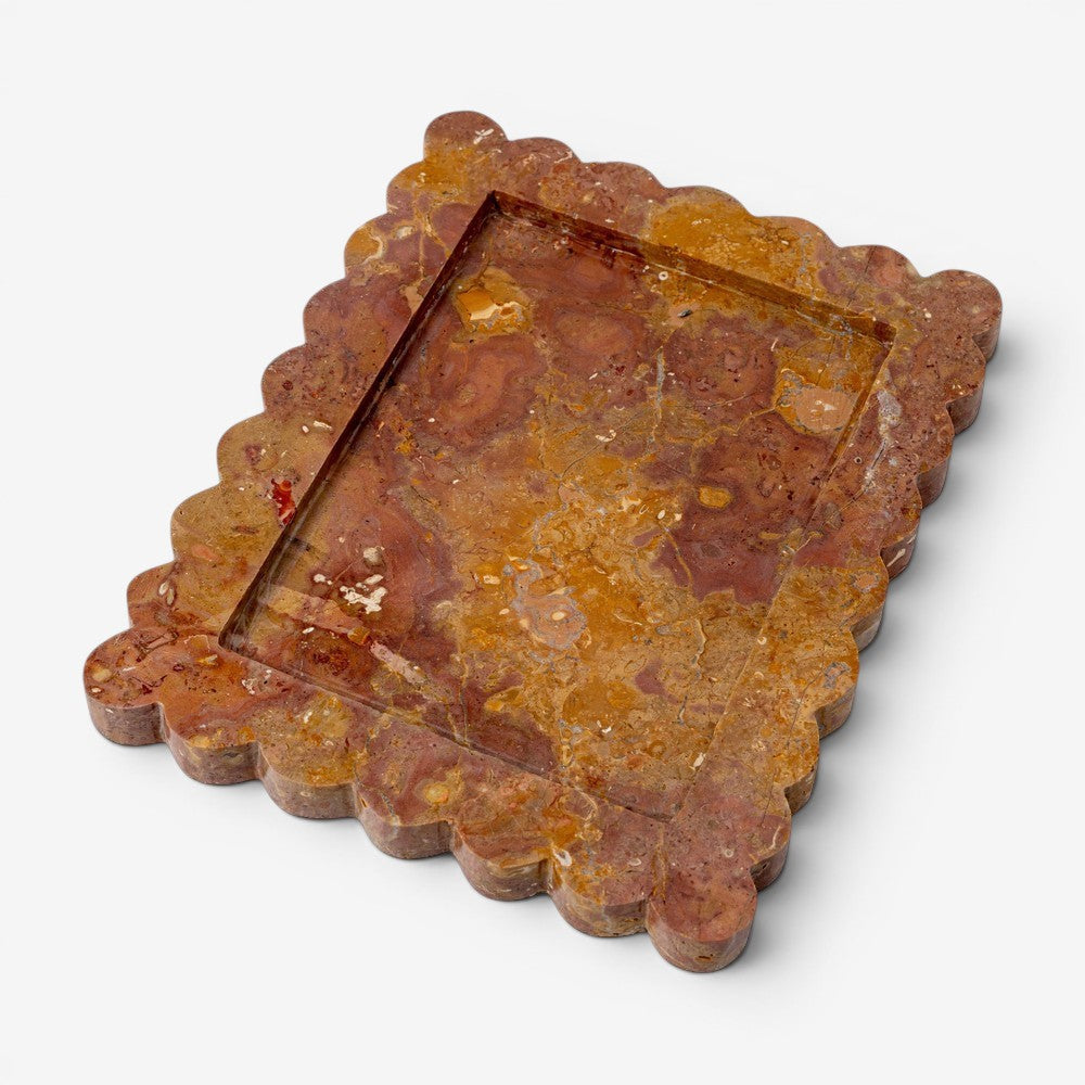 Kayu Living Caramel Palazzo Tray in veined onyx stone with pink, ochre, and terracotta tones. Scalloped edge design.