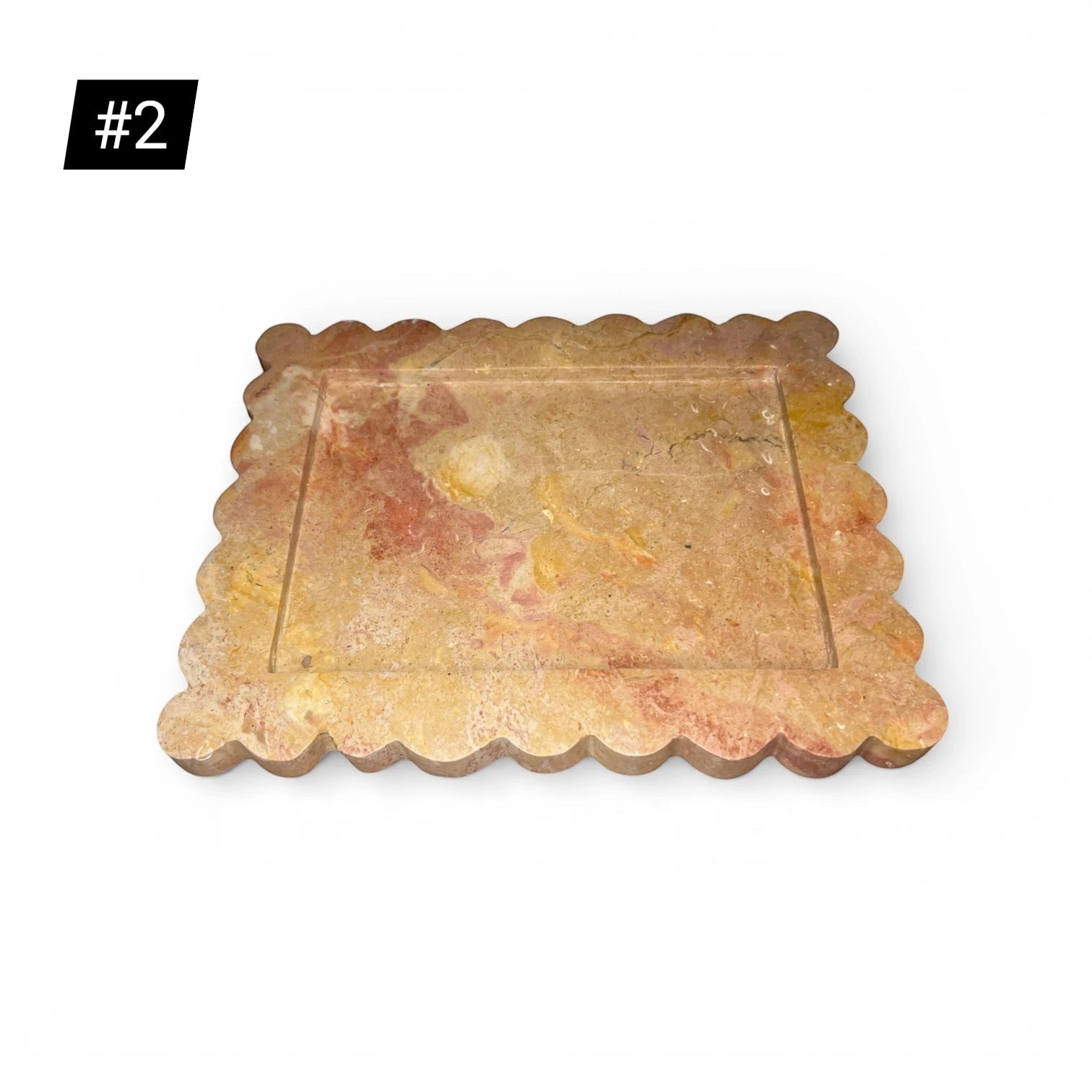 Kayu Living Palazzo tray in caramel veined onyx stone with pink, ochre, and terracotta tones. Scalloped edge design.