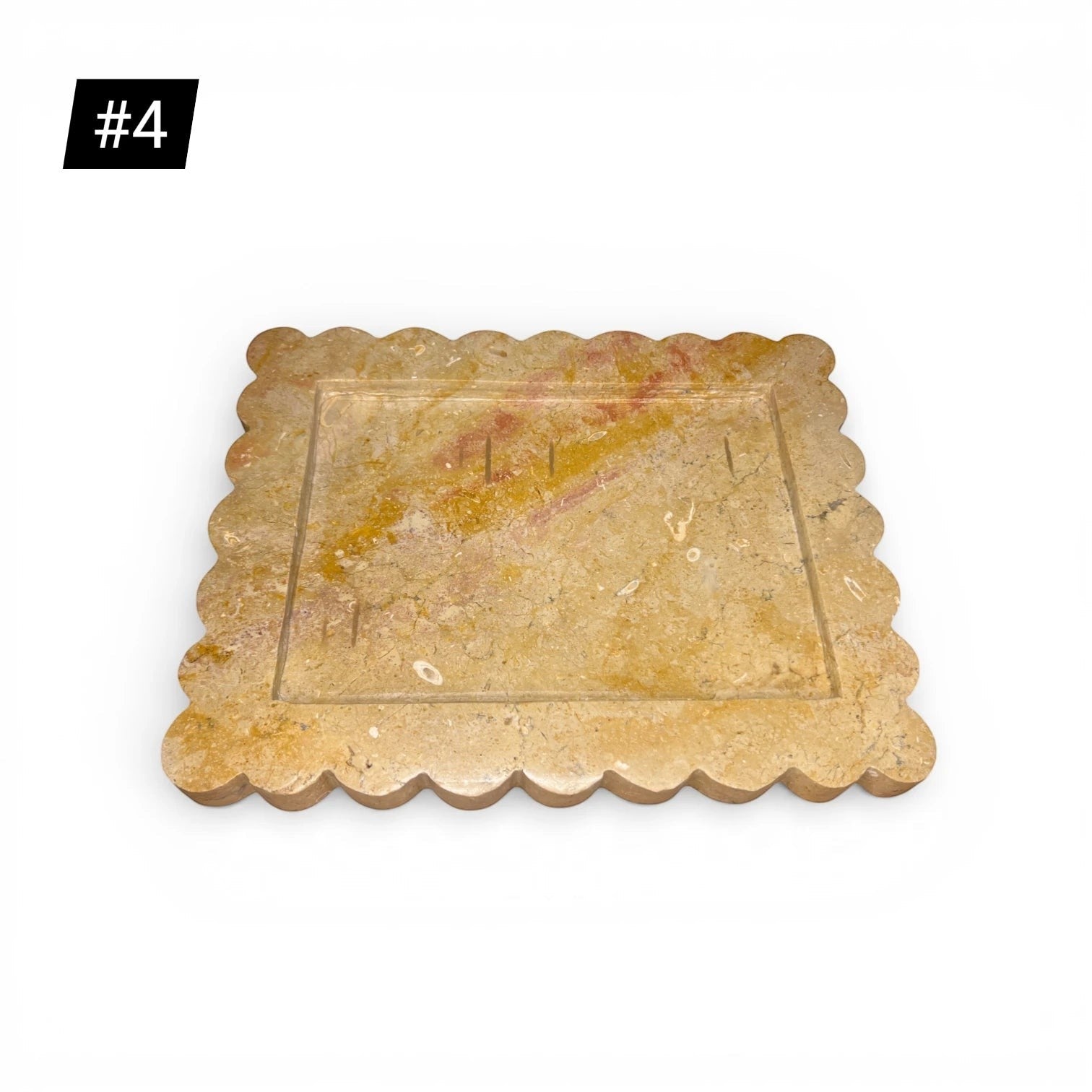 Kayu Living Caramel Palazzo tray crafted from veined onyx stone with pink, ochre, and terracotta hues. Scalloped edges.