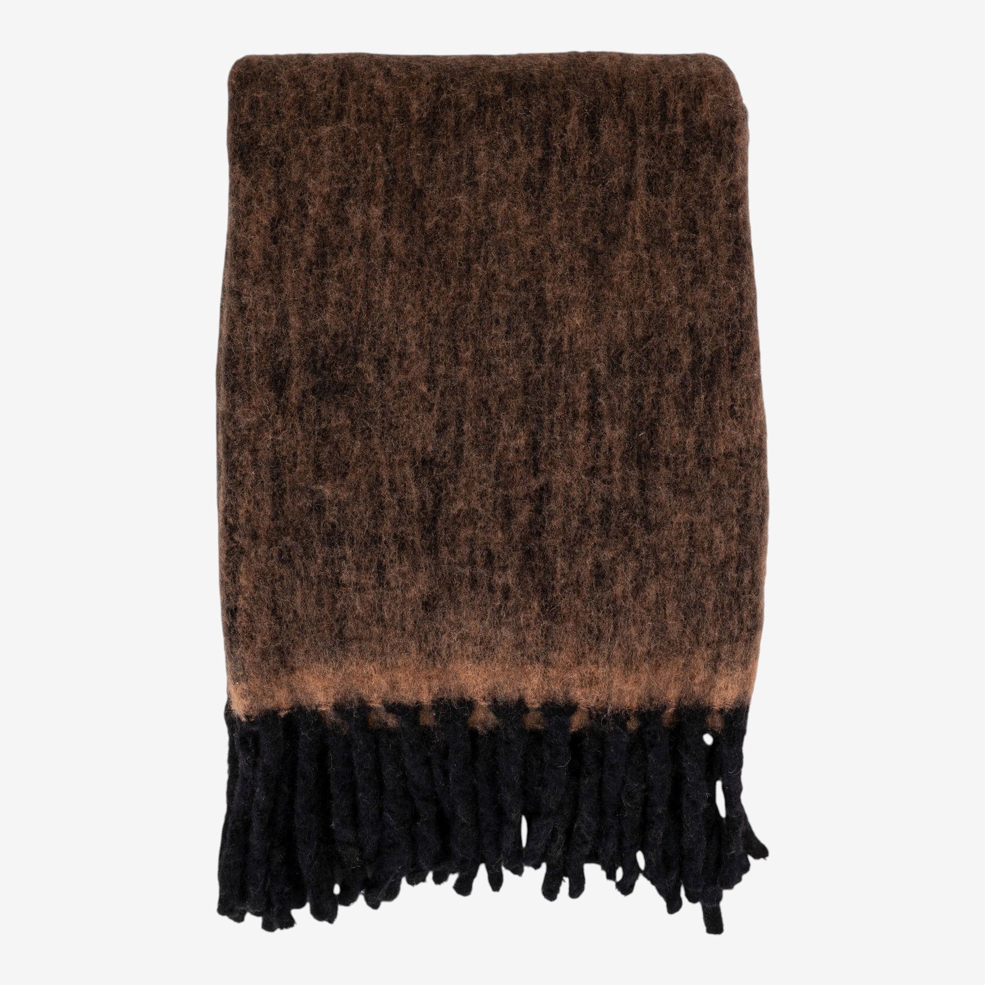Kayu Living Carmel Plaid brown wool-blend throw blanket with soft texture and black fringed edges.