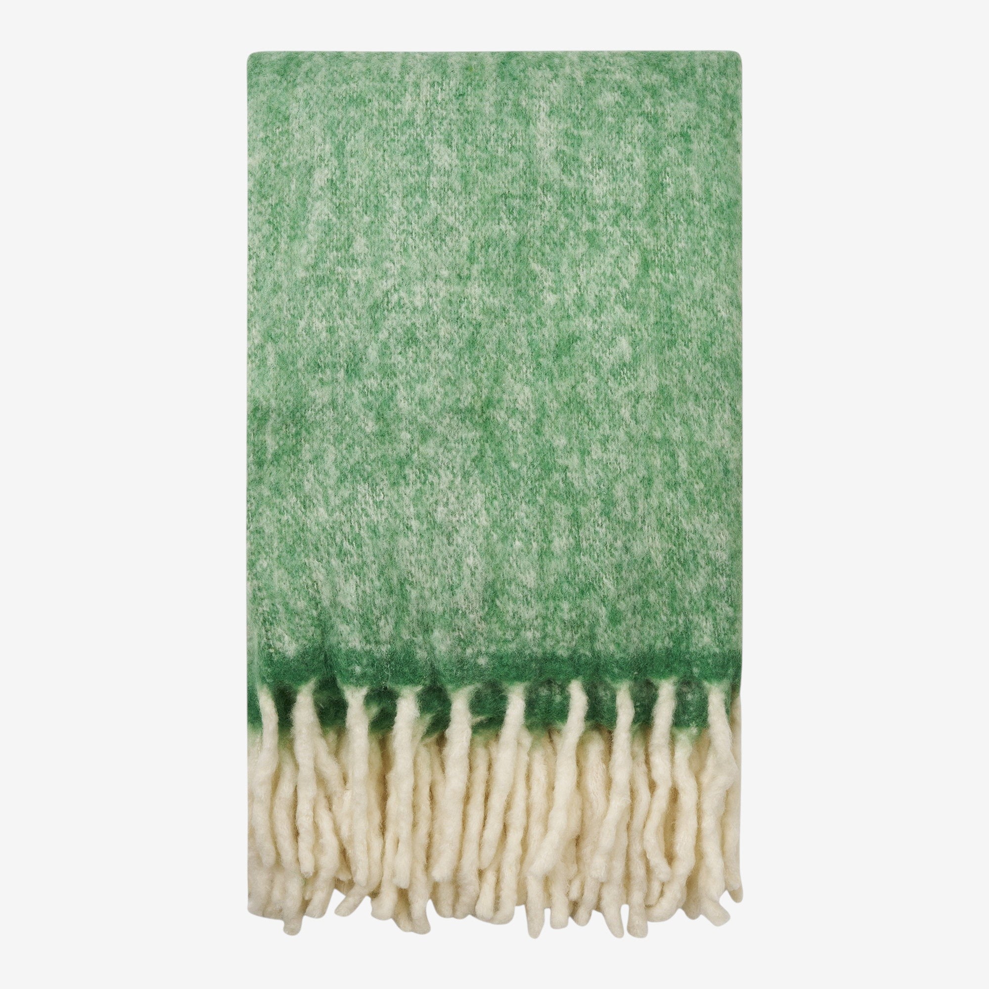 Kayu Living Carmel Plaid green wool-blend throw blanket with cream-colored fringe detail