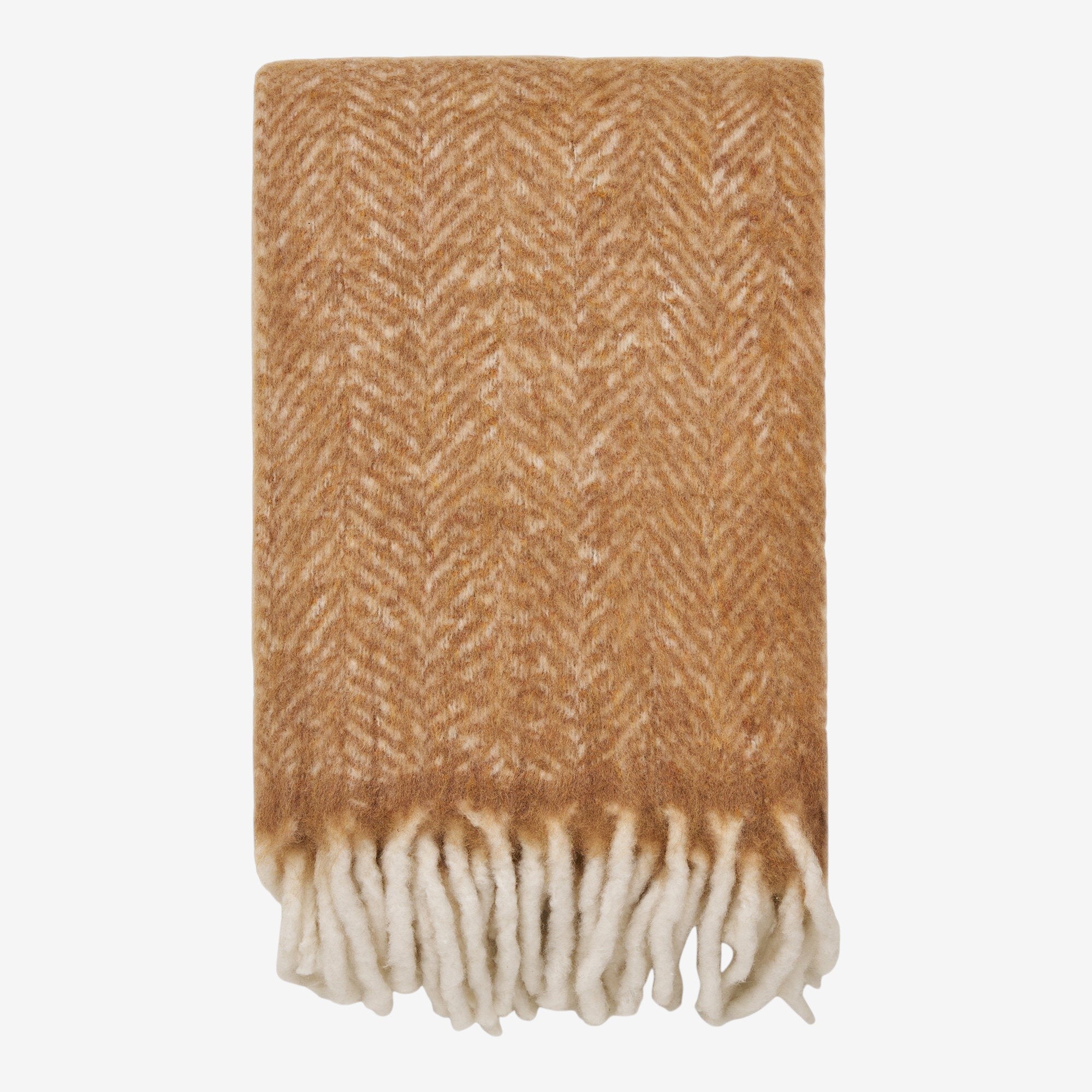 Kayu Living Carmel Plaid tan wool-blend throw blanket with a herringbone pattern and cream-colored fringe tassels.