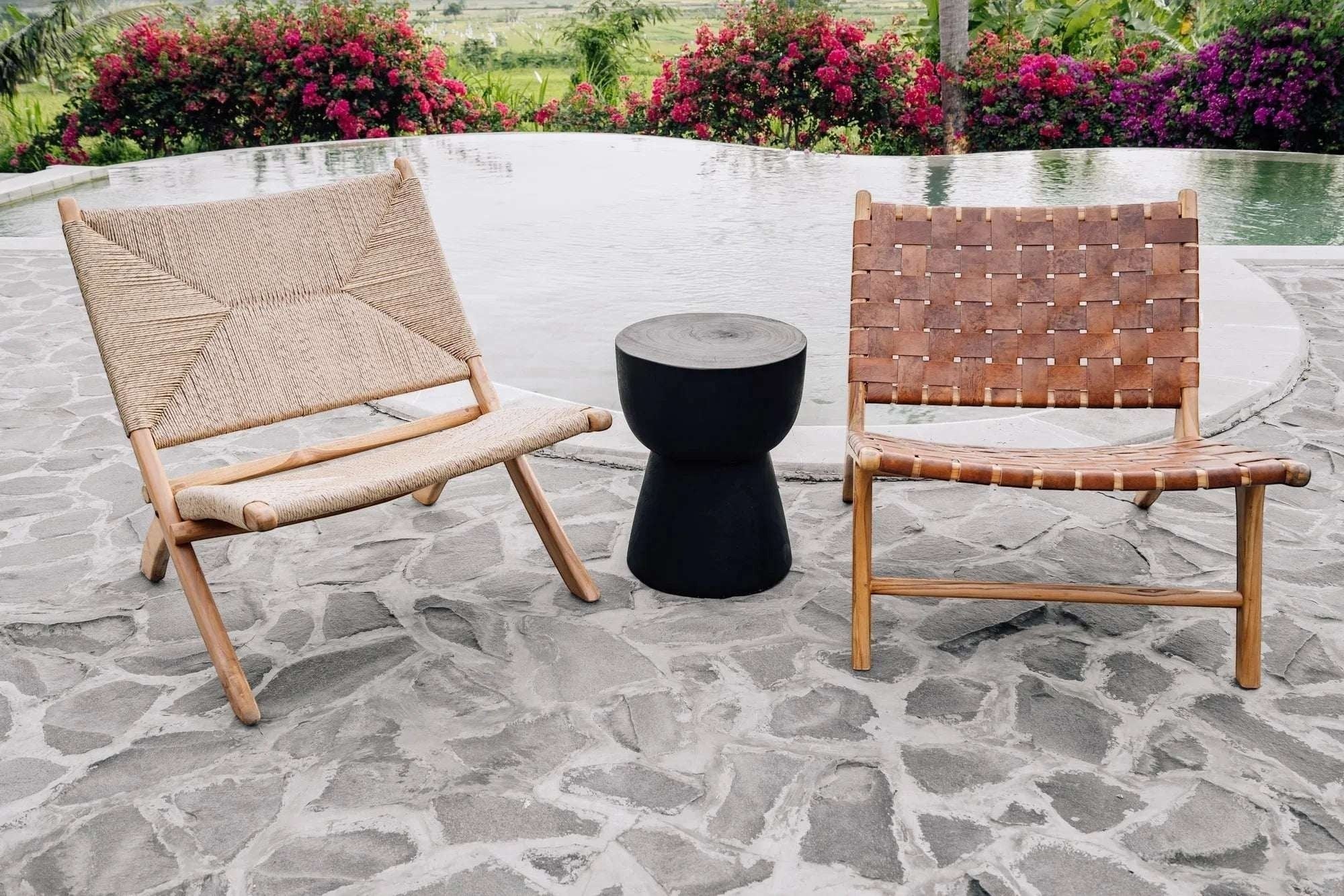 Kayu Living Cemagi foldable lounge chair with handwoven natural rope seat and teak frame, perfect for indoor/outdoor use.