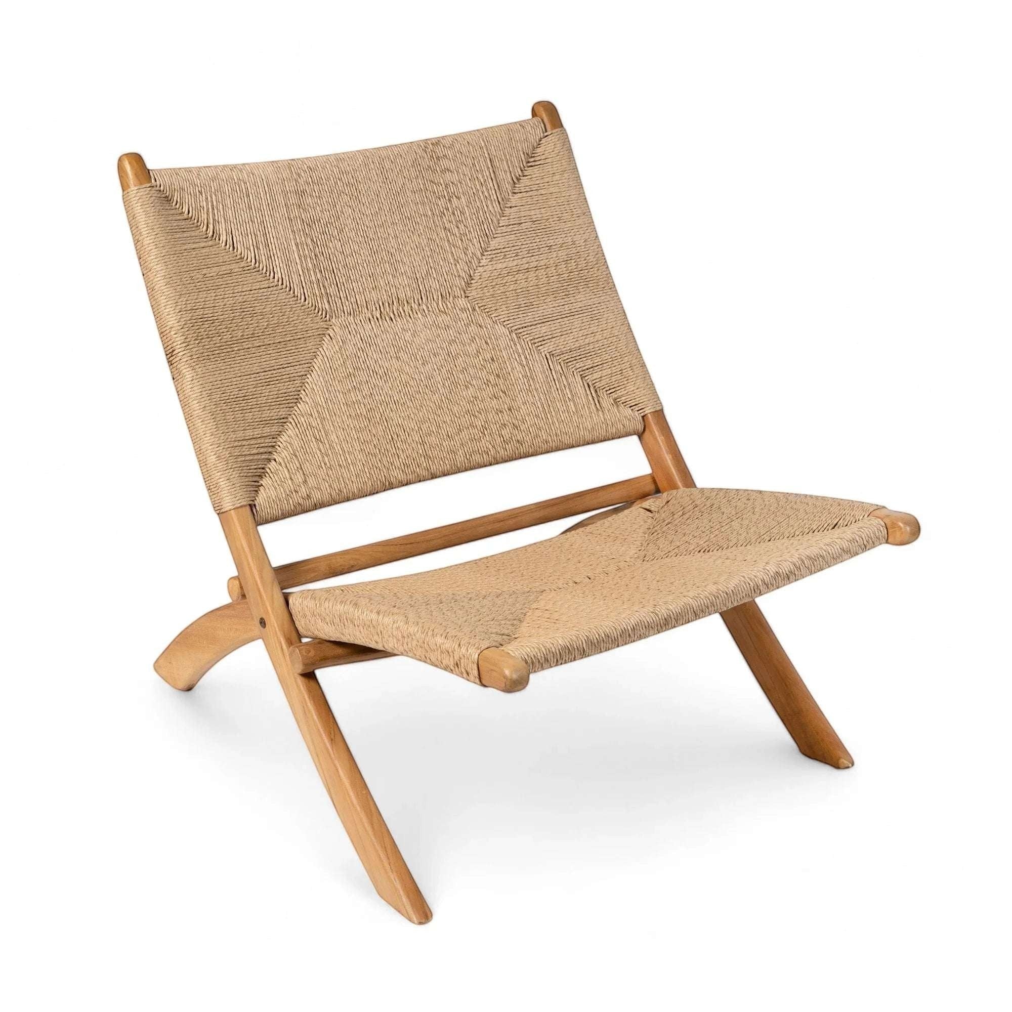 Kayu Living Cemagi foldable lounge chair with natural woven rope seat and teak frame. Ideal for indoor/outdoor use.