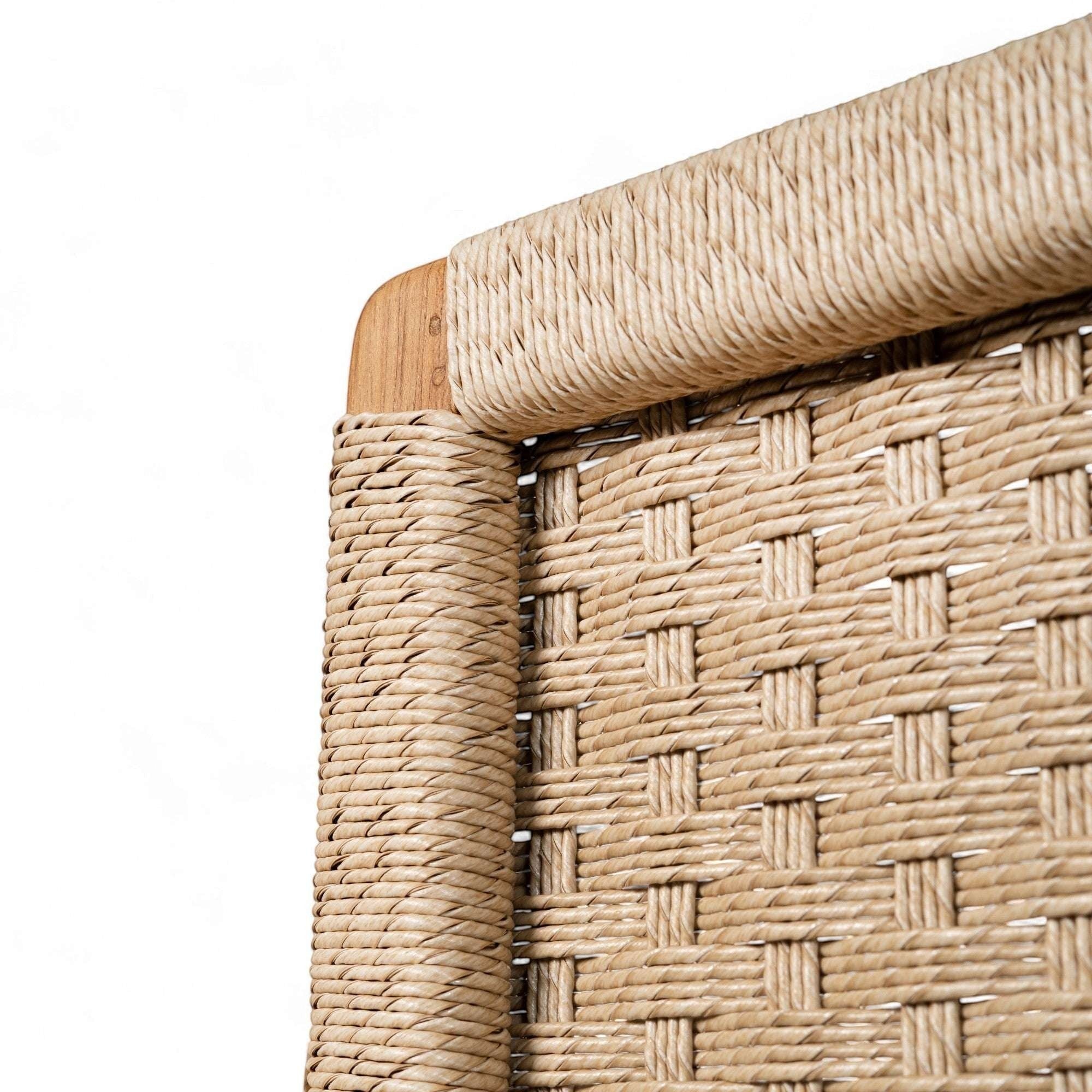 Kayu Living Cemagi headboard, handwoven natural rope with solid teak frame, adds texture and warmth to bedroom.