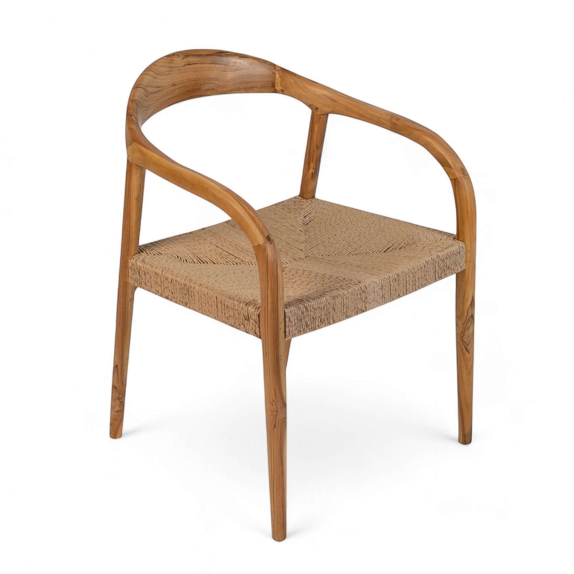 Kayu Living Cemagi chair with curved teak frame and handwoven rope seat, suitable for indoor/outdoor use.