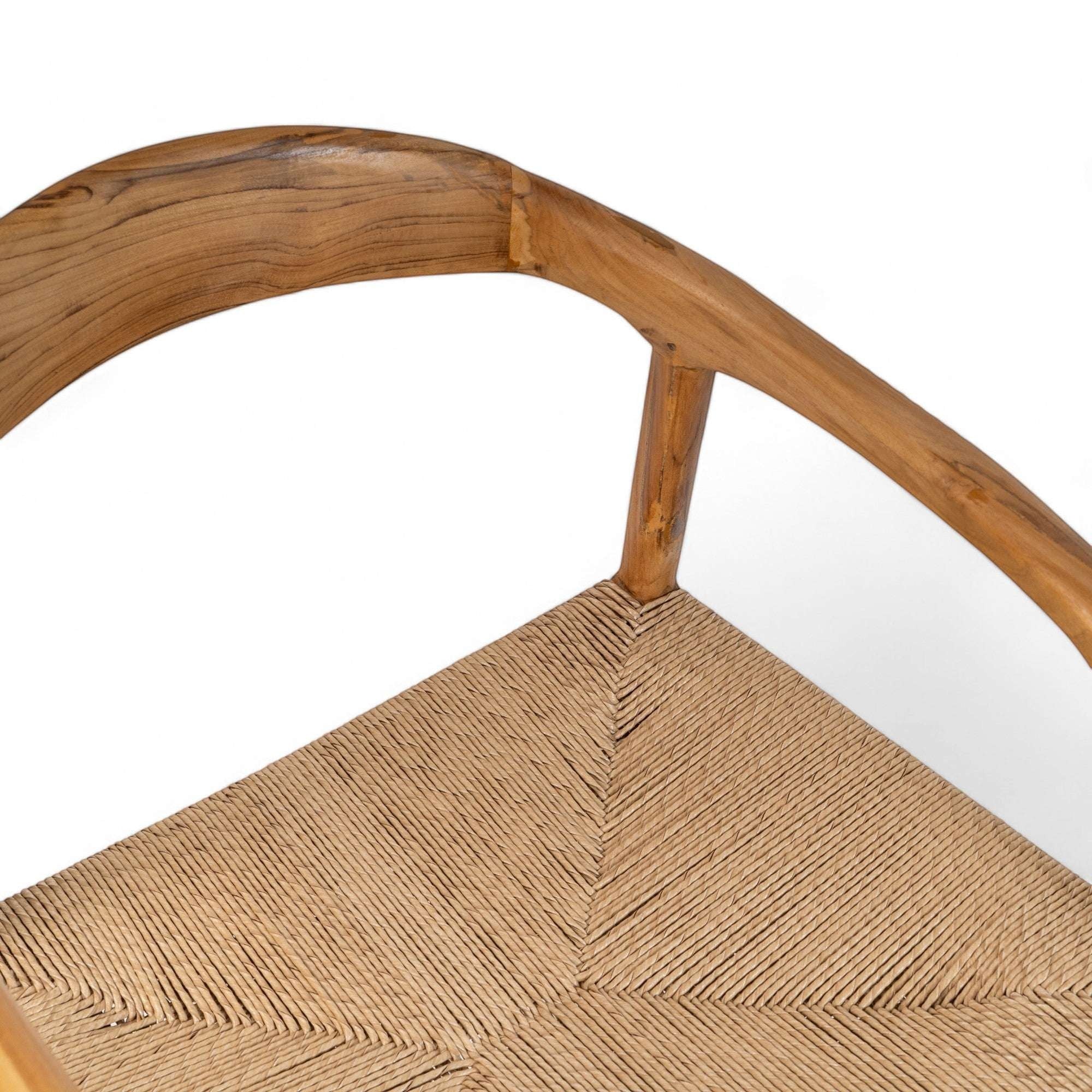Kayu Living Cemagi chair with natural teak frame and handwoven rope seat, suitable for indoor/outdoor use.