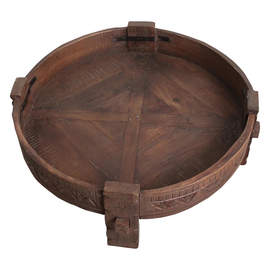 Kayu Living handcrafted round Chakki side table made from recycled hardwood with carved details and a raised rim.