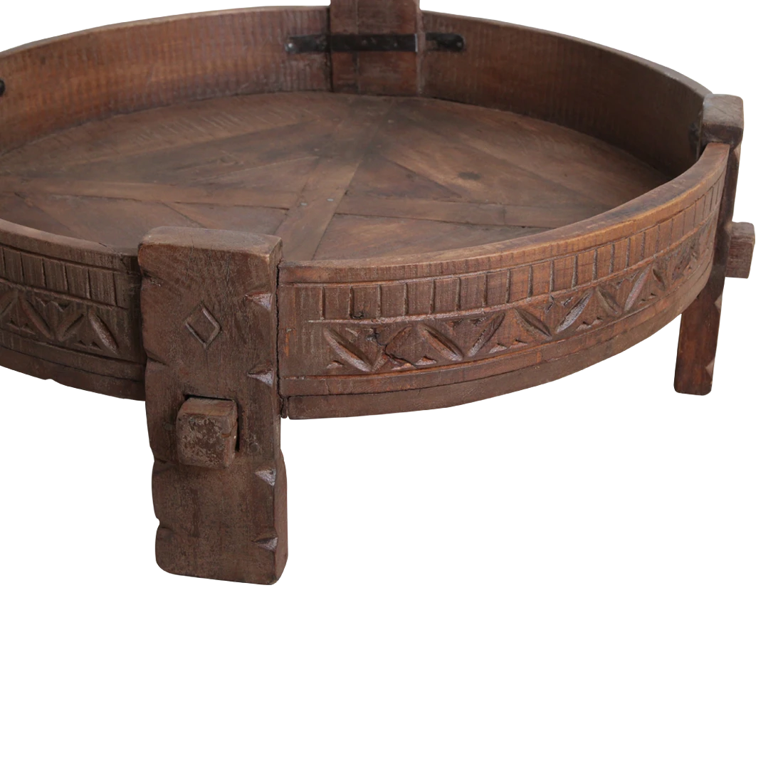 Kayu Living round Chakki side table made from recycled hardwood with intricate hand-carved details and rich patina.