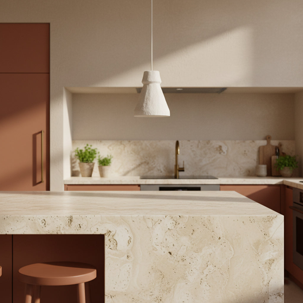 Kayu Living Chalk Pugal pendant lamp with a matte stone-like texture hanging in a minimalist Japandi style kitchen.