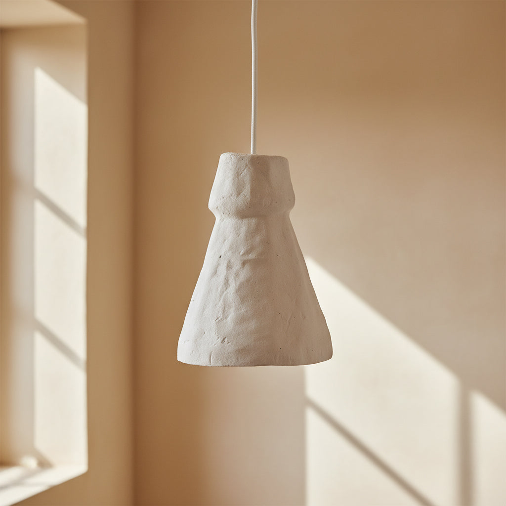 Kayu Living Chalk Pugal pendant lamp in off-white Ecomix with a matte, stone-like texture for Japandi interiors.