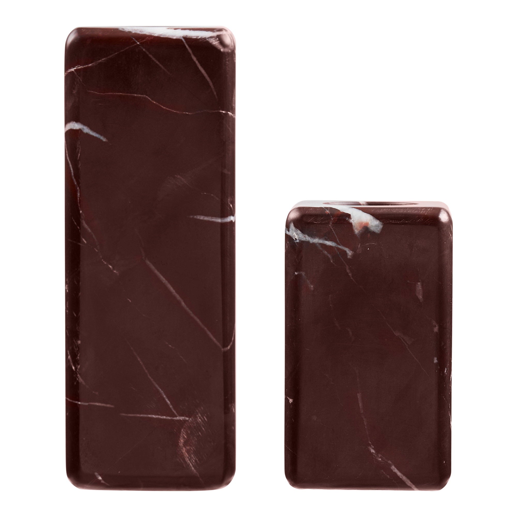 Kayu Living set of two minimalist chestnut-red solid marble candle holders with natural white veining