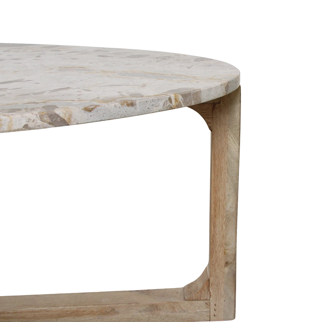 Kayu Living oval coffee table featuring a cream marble top with unique veining and a sturdy natural mango wood base.