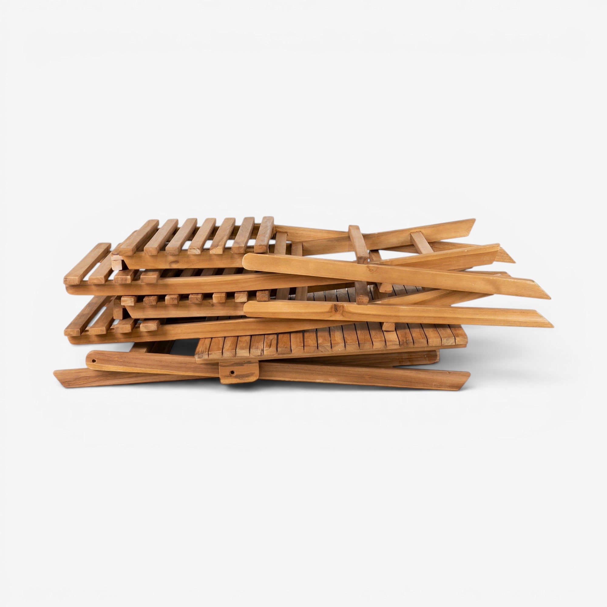 Kayu Living Cuenca Coffee Set: two natural teak chairs and one table folded for storage. Weather-resistant outdoor furniture.