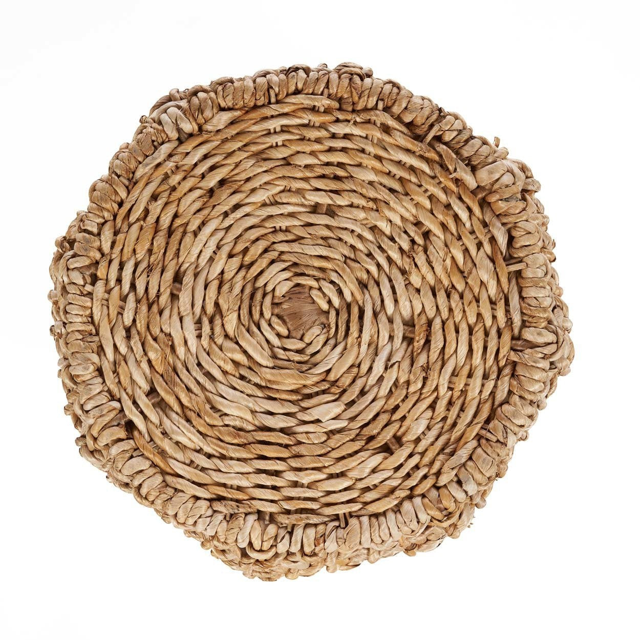 Top view of Kayu Living The Dannih Stool, handcrafted from natural sustainable banana leaf in a round woven design.