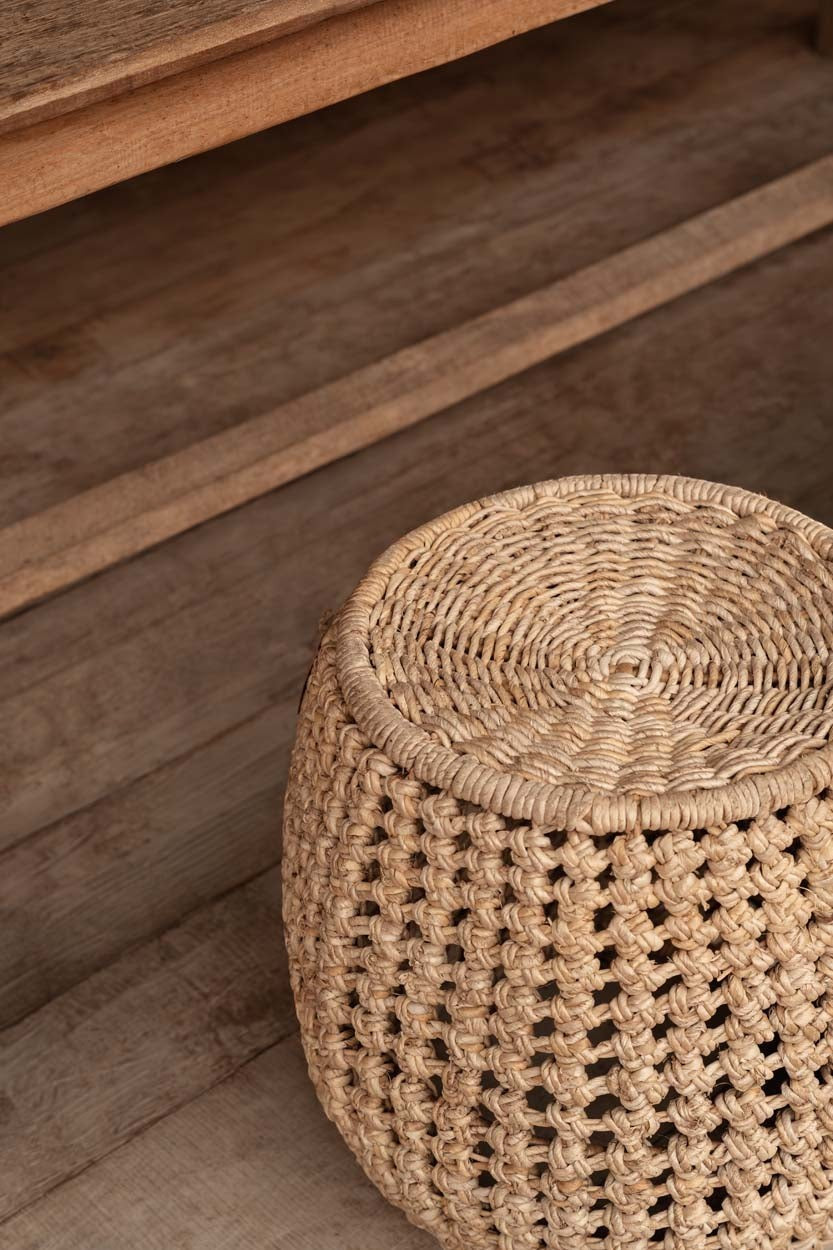 Kayu Living The Dannih Stool handcrafted from sustainable banana leaf with a woven texture in a natural earthy tone.