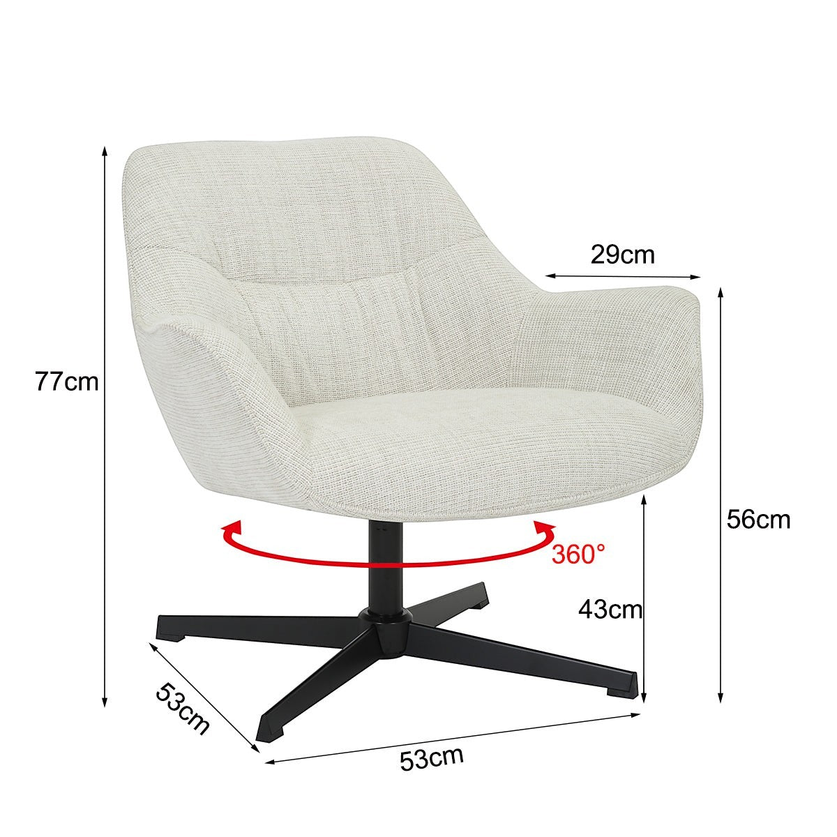 Kayu Living Daphne swivel armchair in greige fabric with a black metal cross base, showing dimensions.