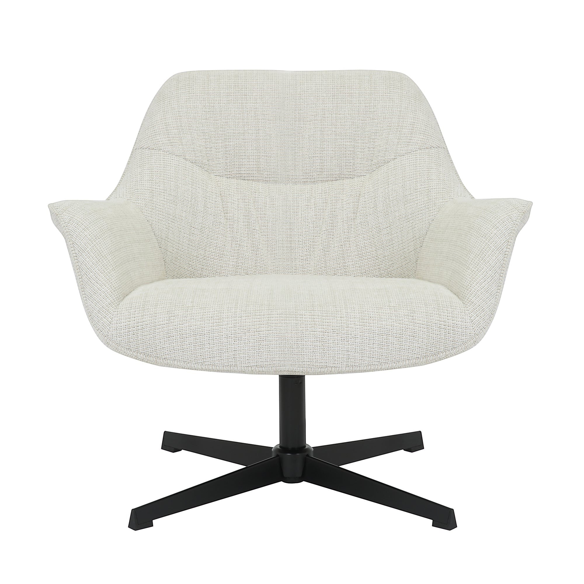 Kayu Living Daphne swivel armchair in greige textured fabric with a modern black metal cross base