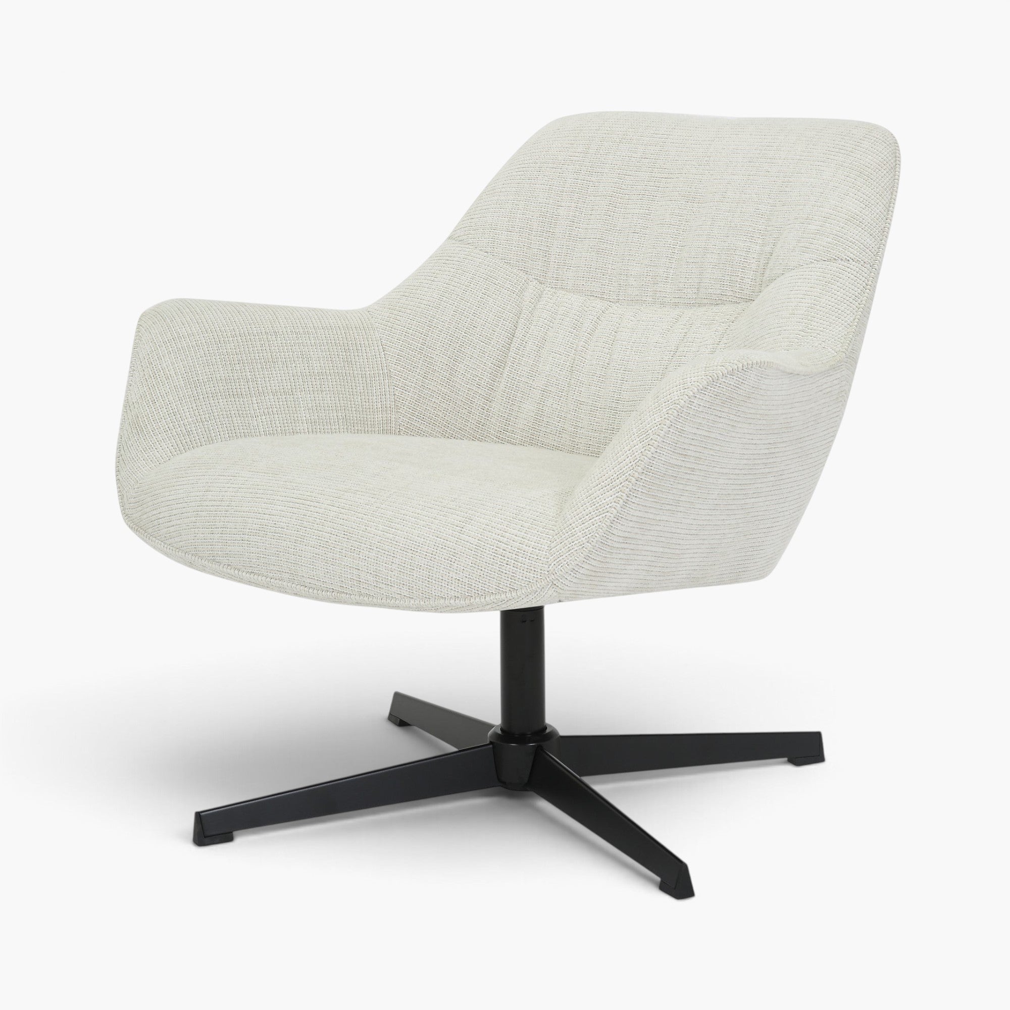 Kayu Living Daphne swivel armchair in greige textured fabric with a modern black four-star base.