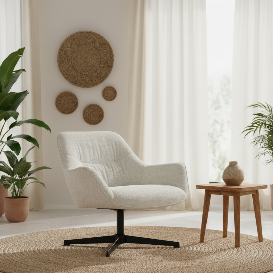 A modern white upholstered swivel armchair with a black metal star base, placed in a bright, neutral-toned living room setting with a small wooden side table, potted plants, and woven wall decor.