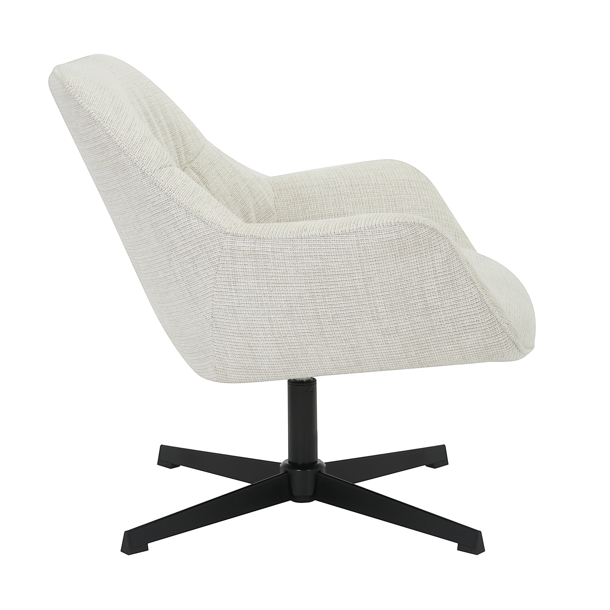 Kayu Living Daphne swivel armchair in greige textured fabric with a modern black metal base, side view.