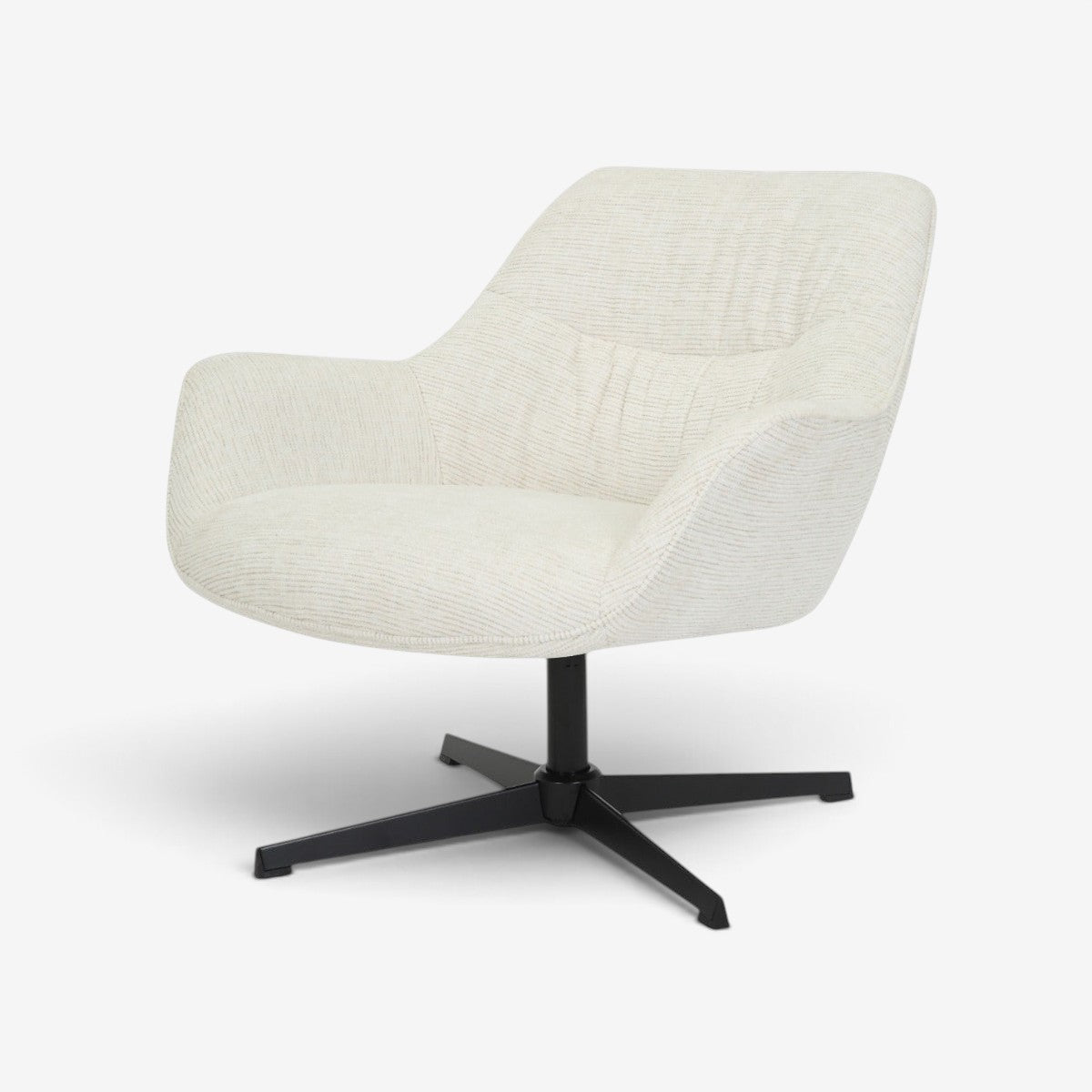 Kayu Living Daphne swivel armchair in sand textured fabric with a sleek black metal base for a modern living room.
