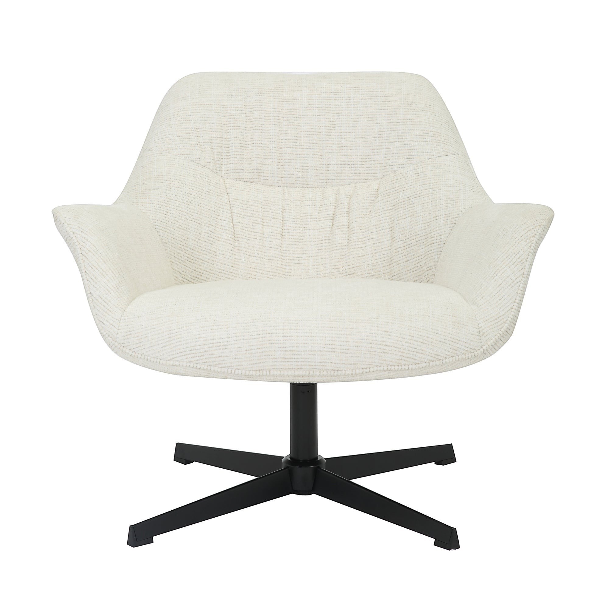 Kayu Living Daphne swivel armchair in sand textured fabric with a modern black metal base, front view.