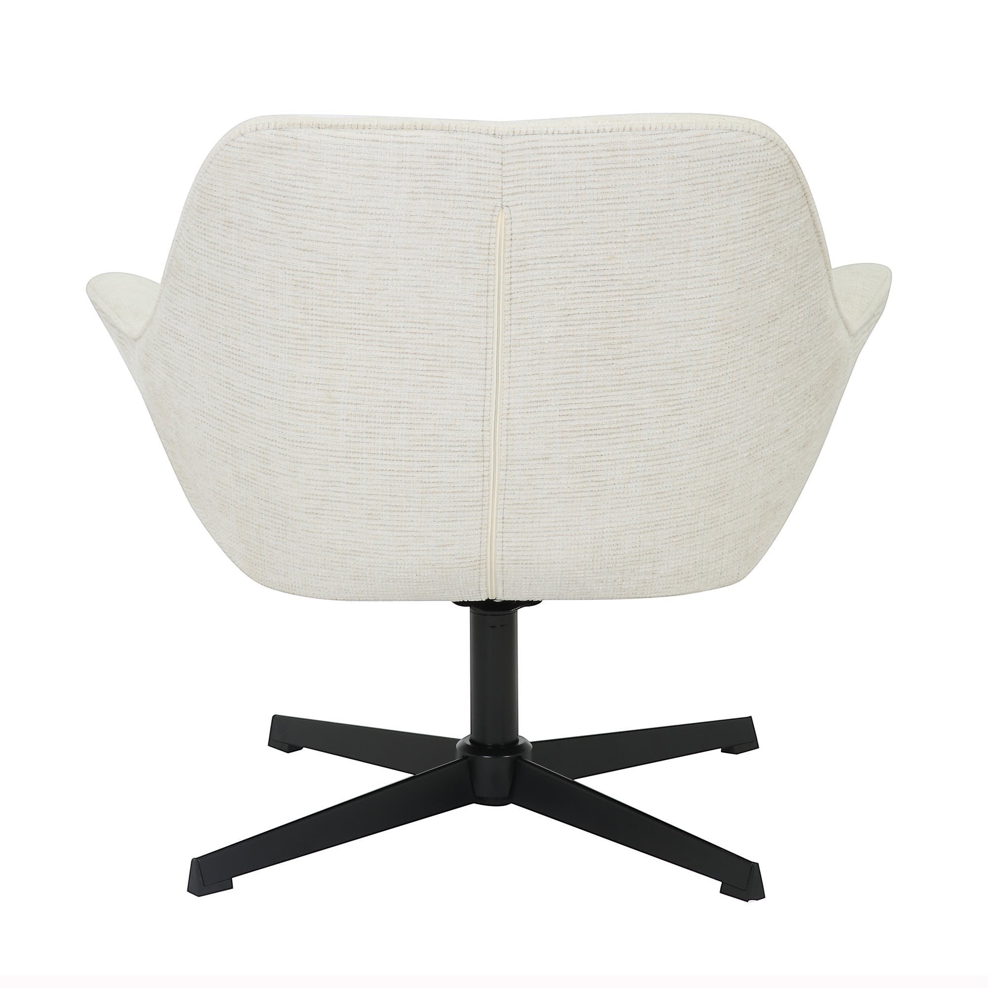 Kayu Living Daphne swivel armchair in sand textured fabric with a black metal cross base, back view.