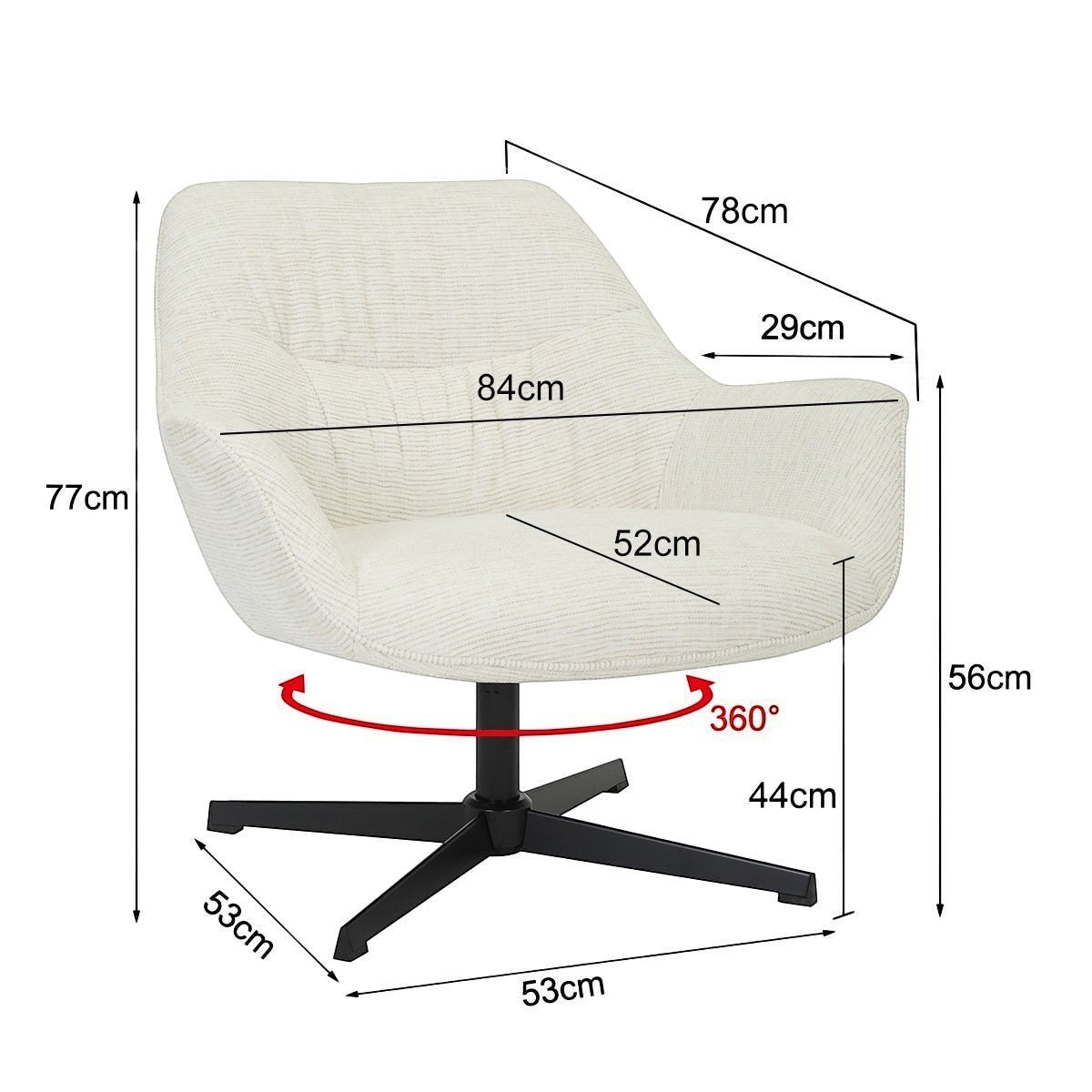 Kayu Living Daphne swivel armchair in sand fabric with a black metal base, shown with product dimensions.