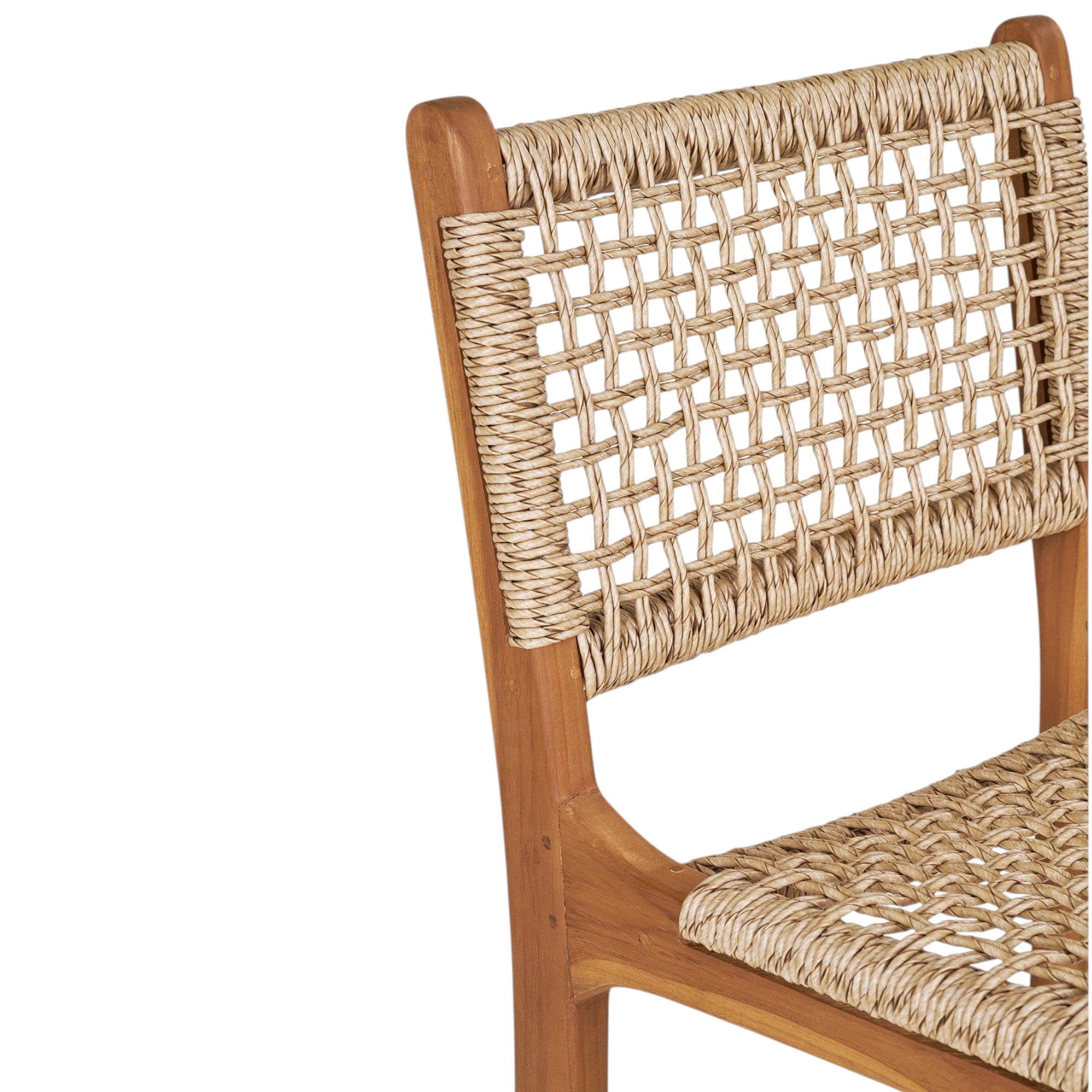 Kayu Living Derby counter chair featuring a natural teak wood frame and a durable woven PE rattan seat back.
