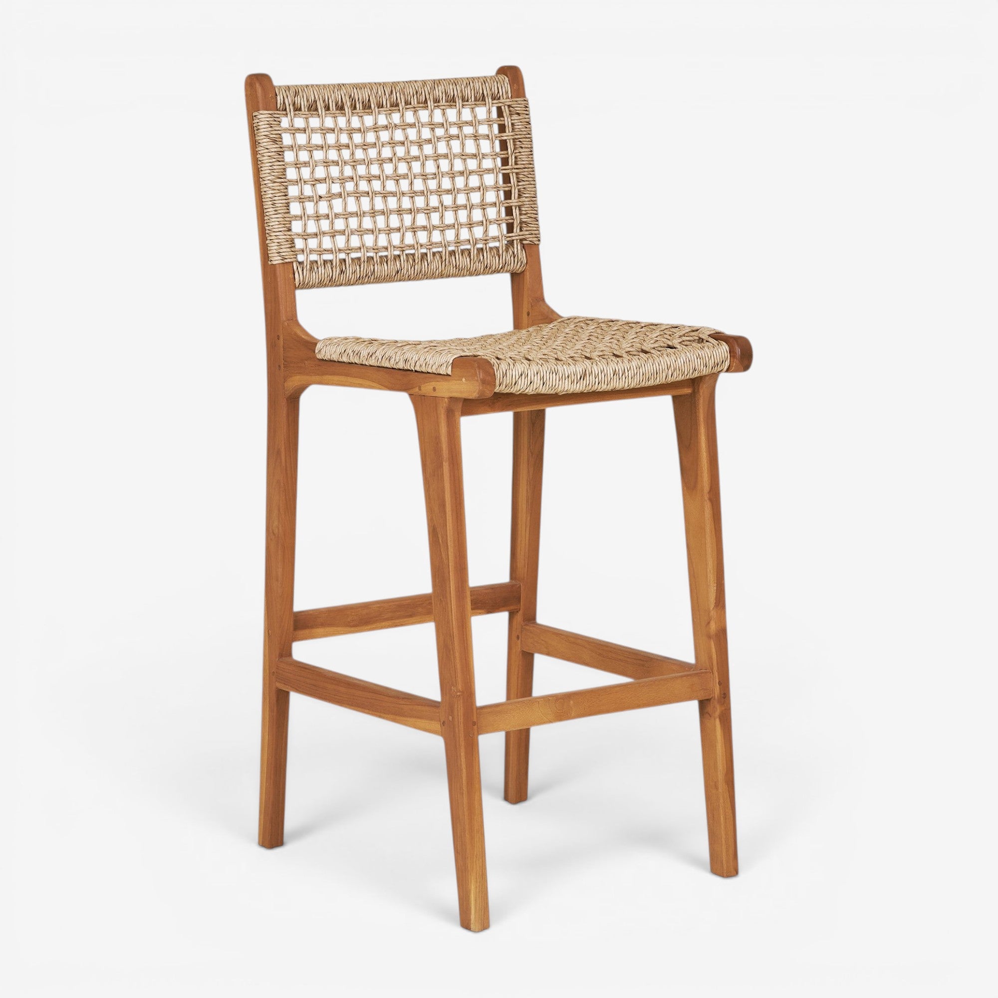 Kayu Living Derby counter chair made of natural teak wood with a woven PE rattan seat and backrest
