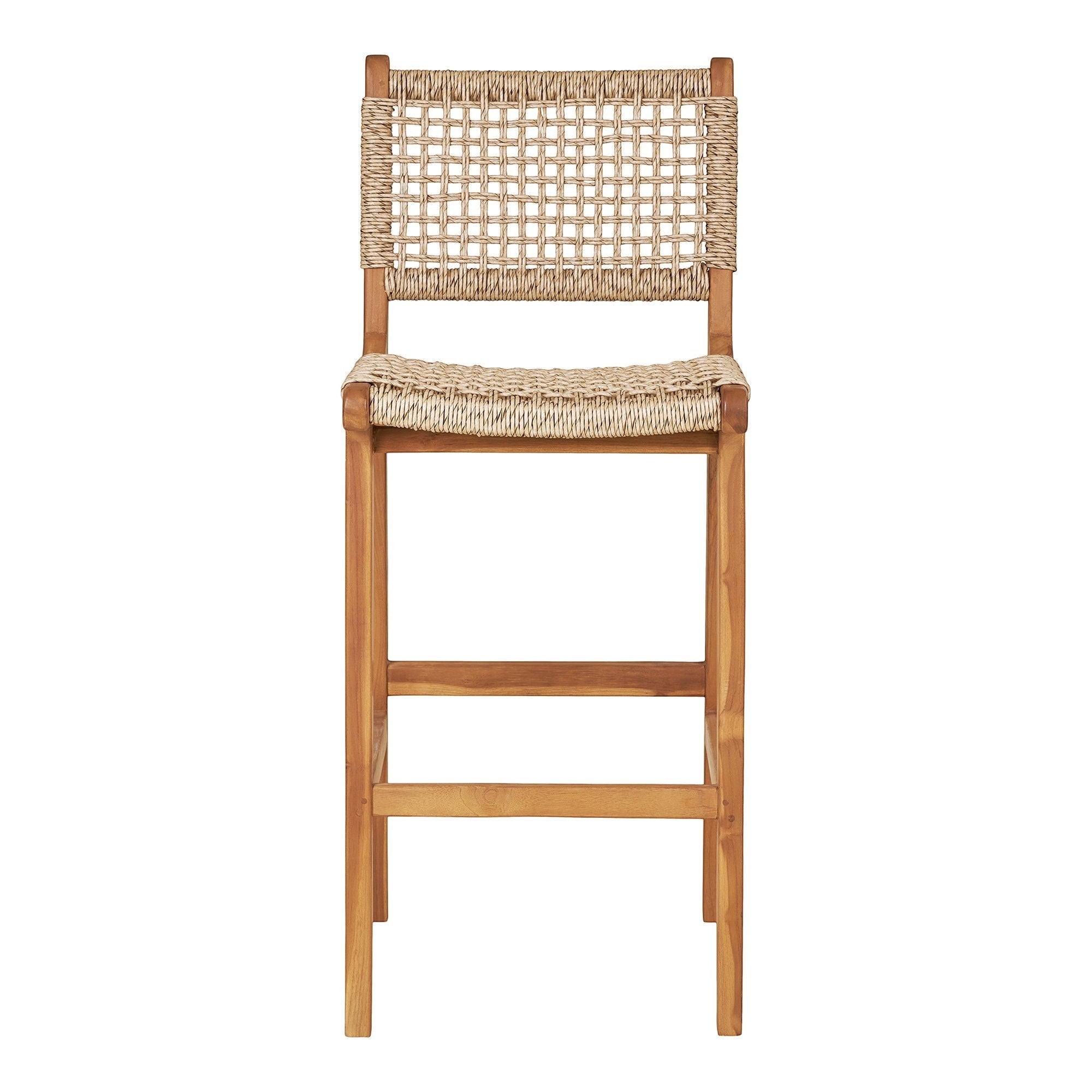 Kayu Living Derby counter chair featuring a natural teak wood frame and a durable woven PE rattan seat.