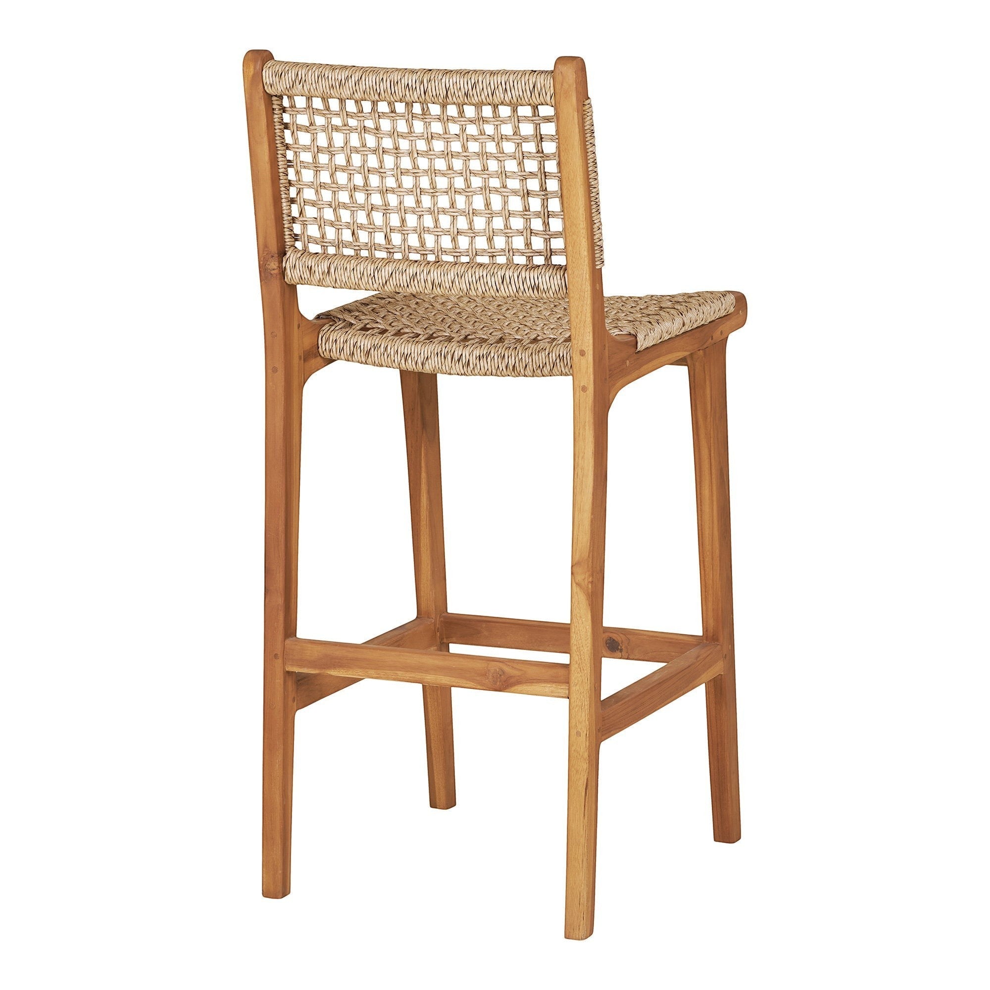 Kayu Living Derby counter chair with natural teak wood frame and woven PE rattan seat, back view.