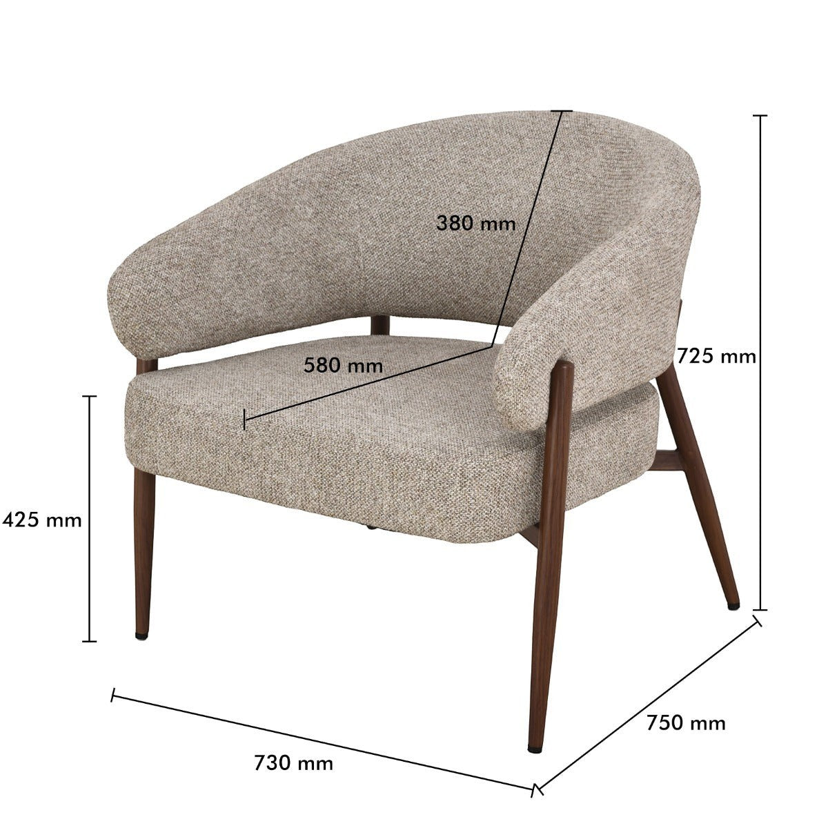 Kayu Living Dilan Hush lounge chair in natural textured fabric with a walnut wood frame and curved armrests