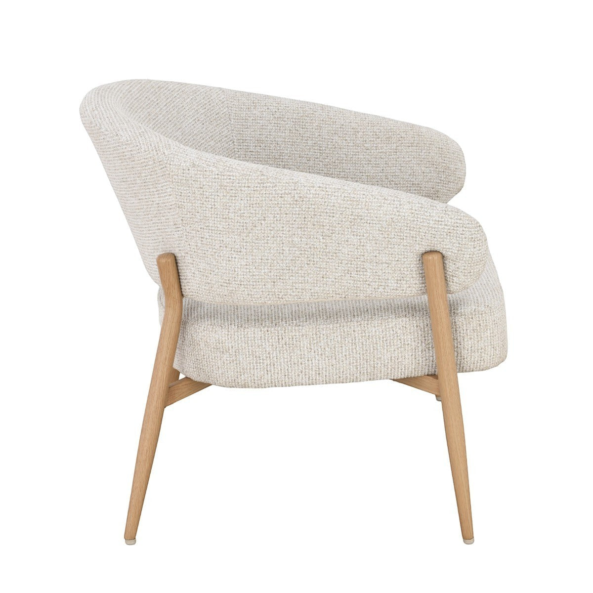 Kayu Living Dilan Hush lounge chair in natural textured fabric with oak wood legs, side view