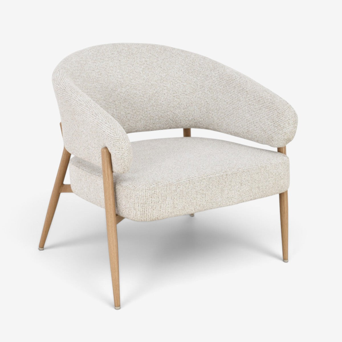 Kayu Living Dilan Hush lounge chair in natural textured fabric with curved seat and light oak wood frame